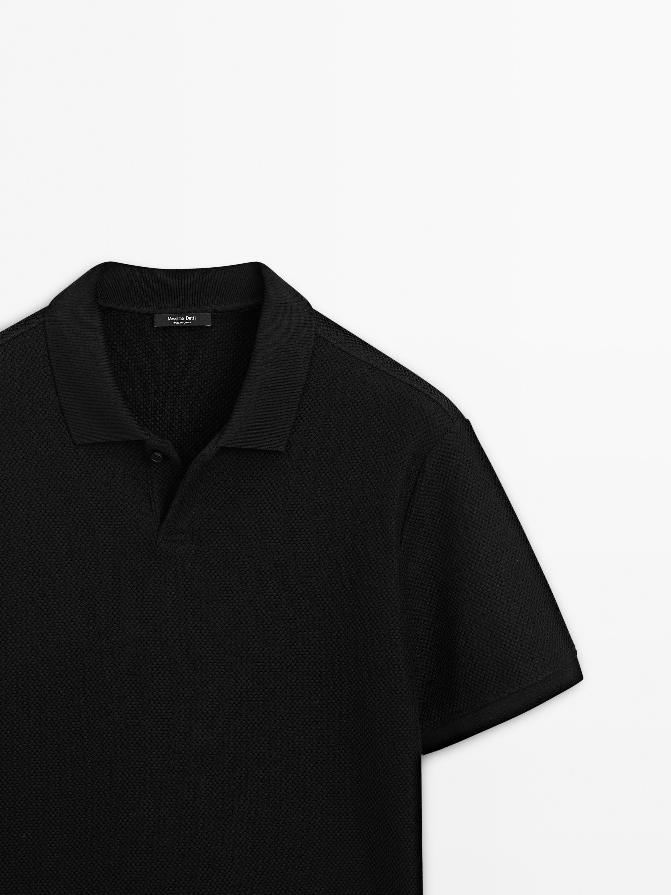 Textured V-neck cotton polo shirt