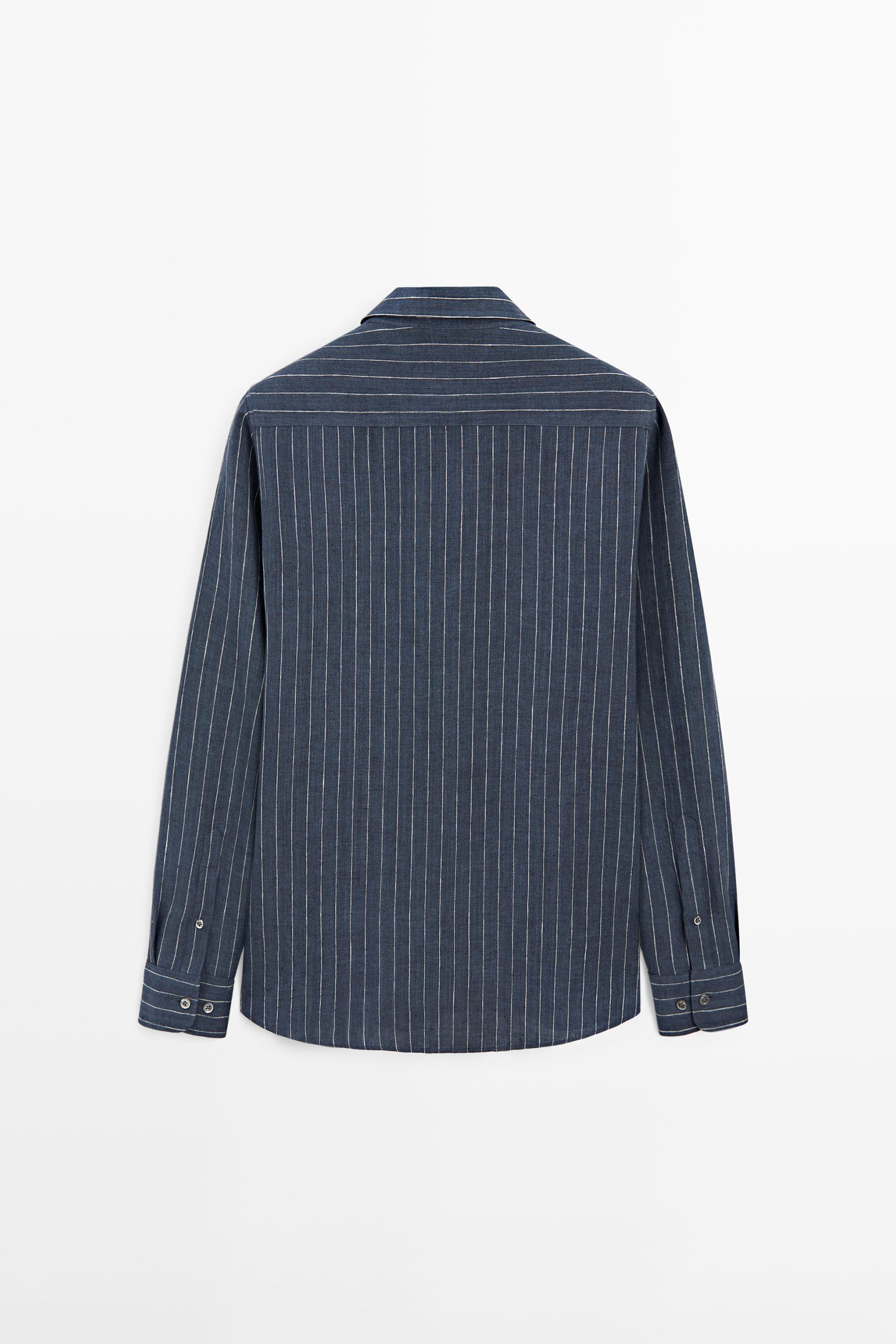 Regular fit 100% linen striped shirt — FADED BLUE