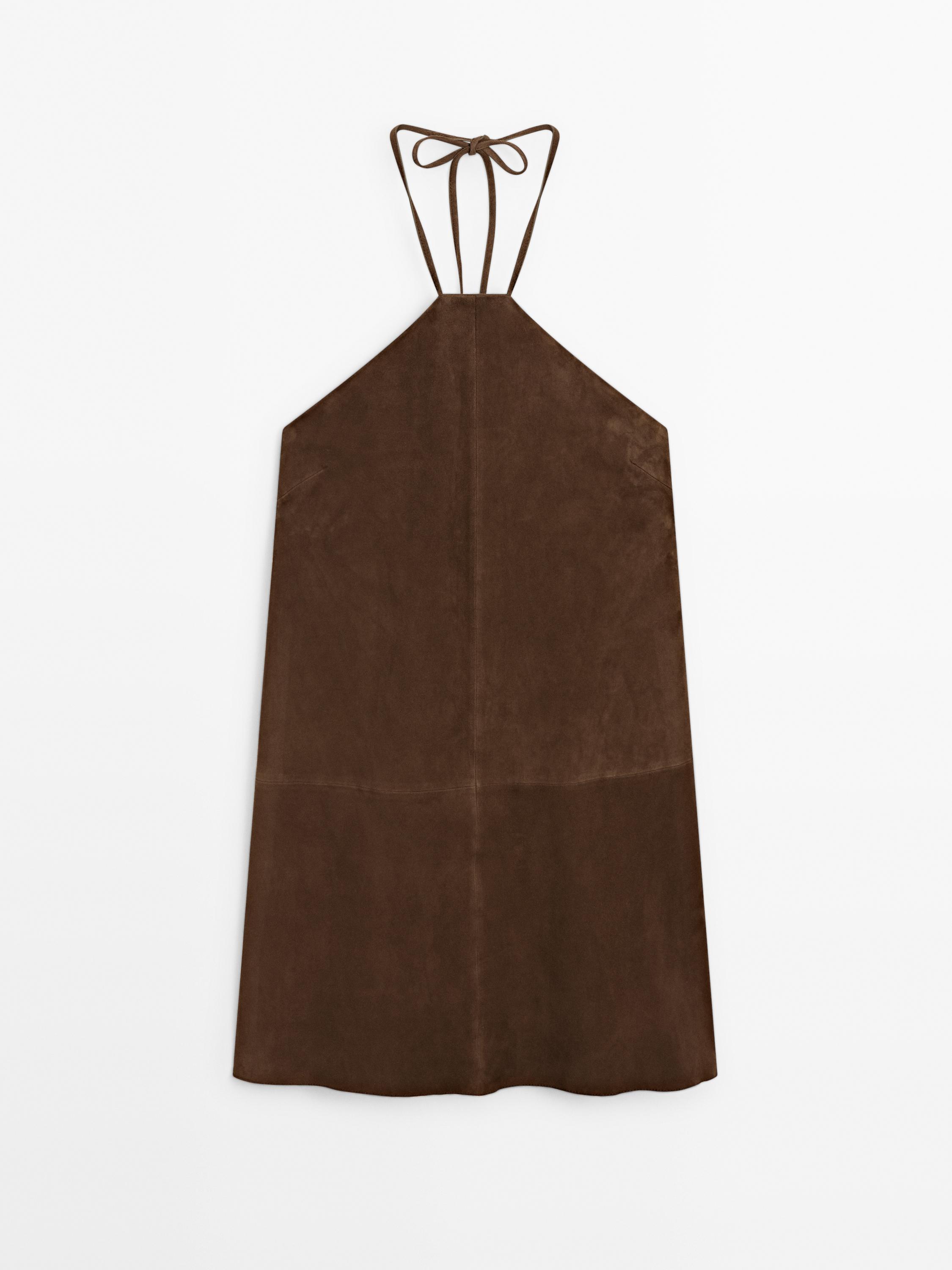 Suede leather halter mini dress