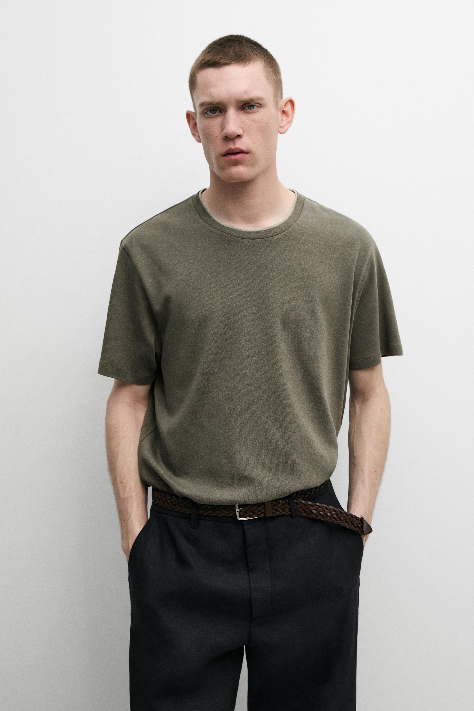 Linen and cotton double-collar T-shirt — KHAKI