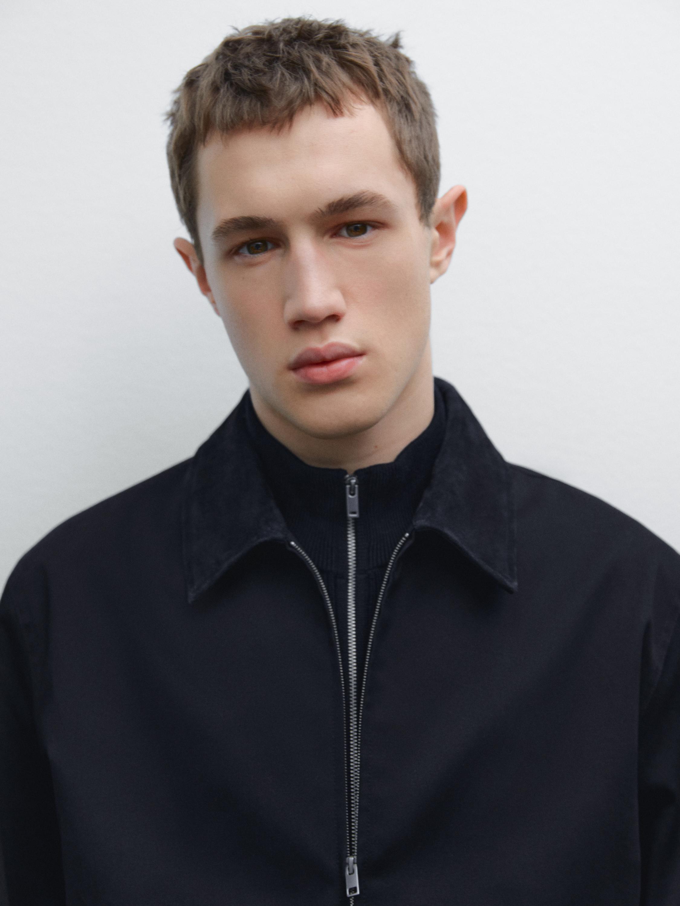 Cotton jacket with leather collar detail