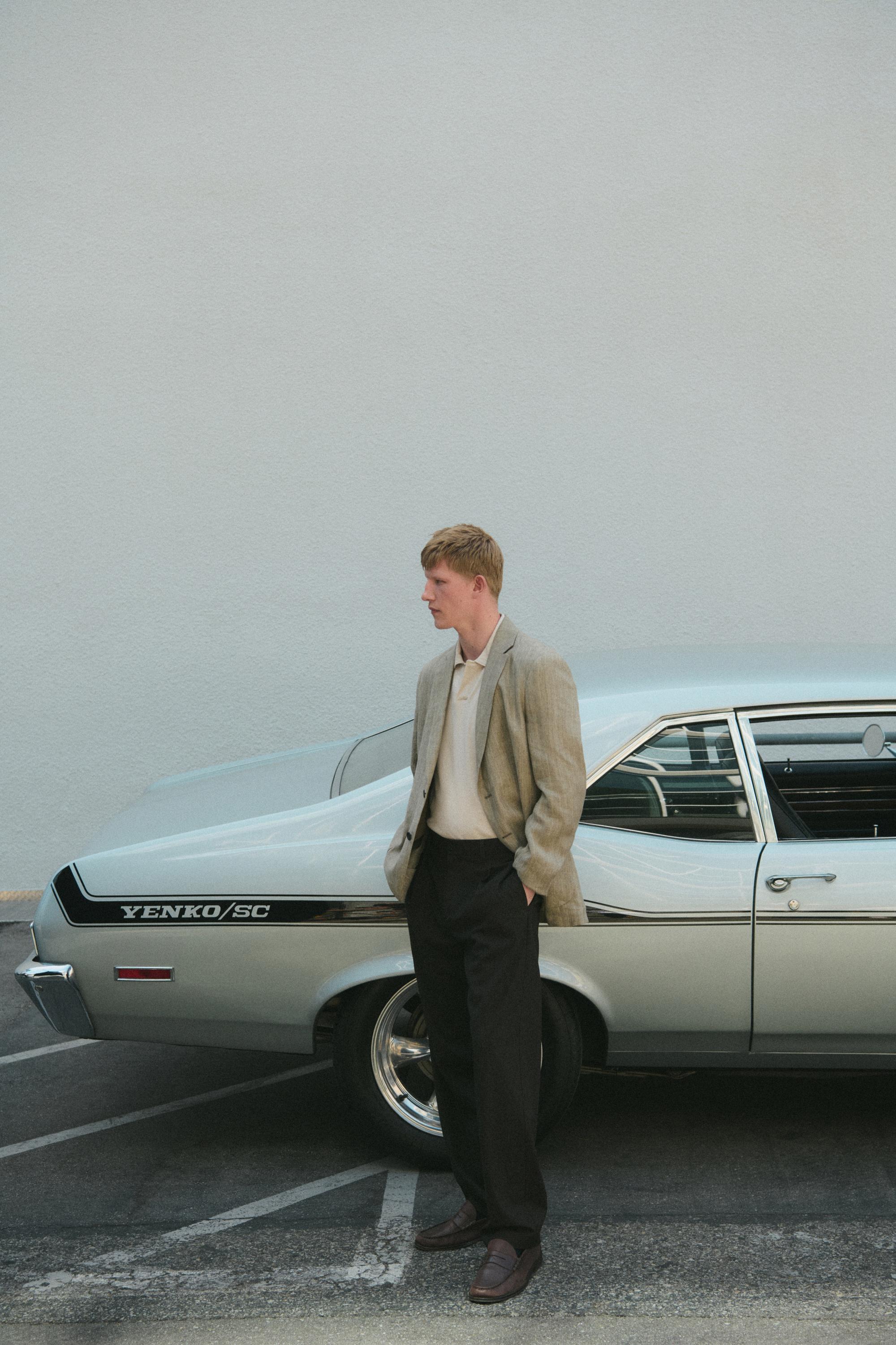 Linen herringbone stripe blazer — BEIGE