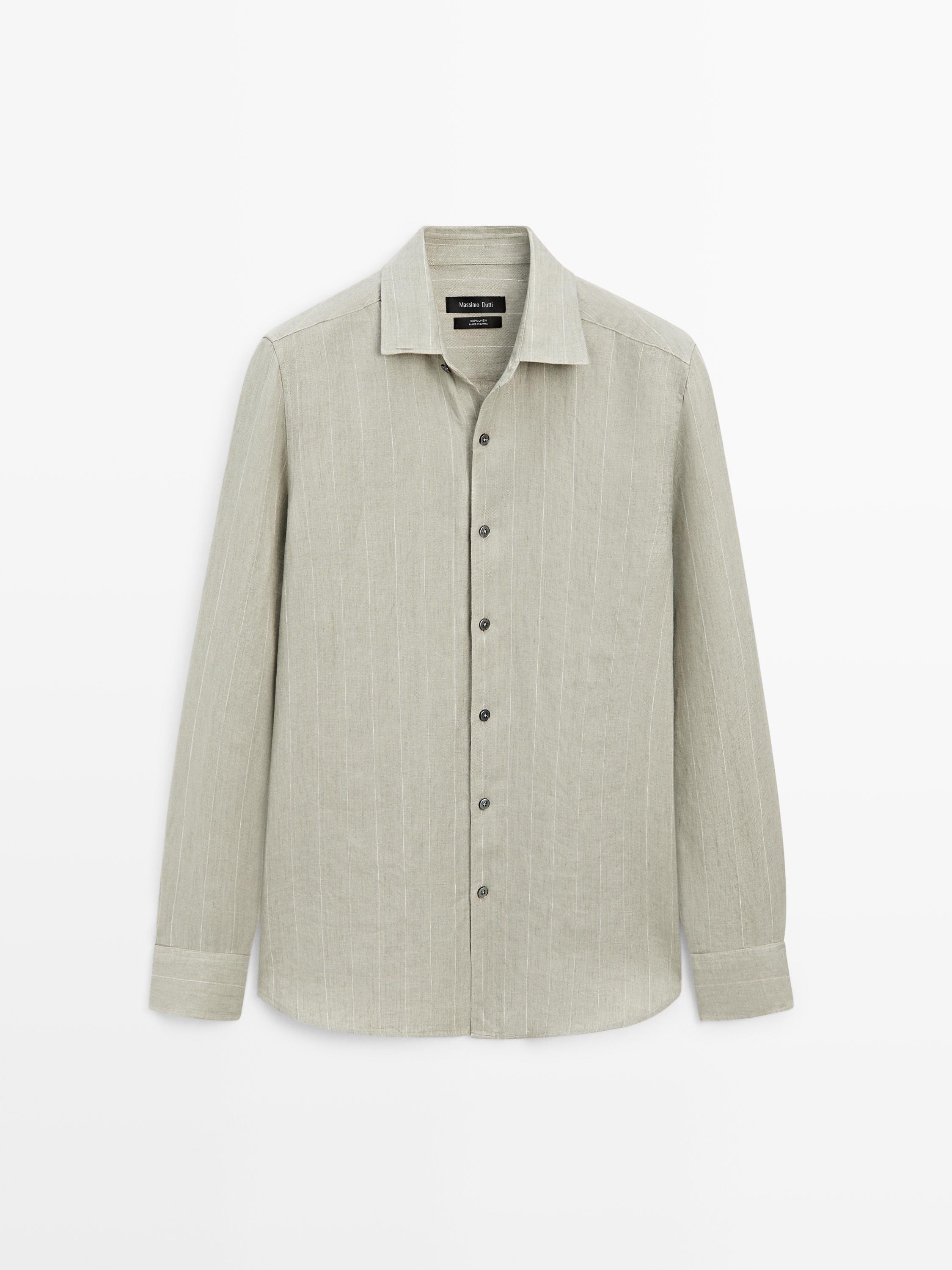 Front view of a light green striped shirt, long sleeve, classic collar, and central button placket.