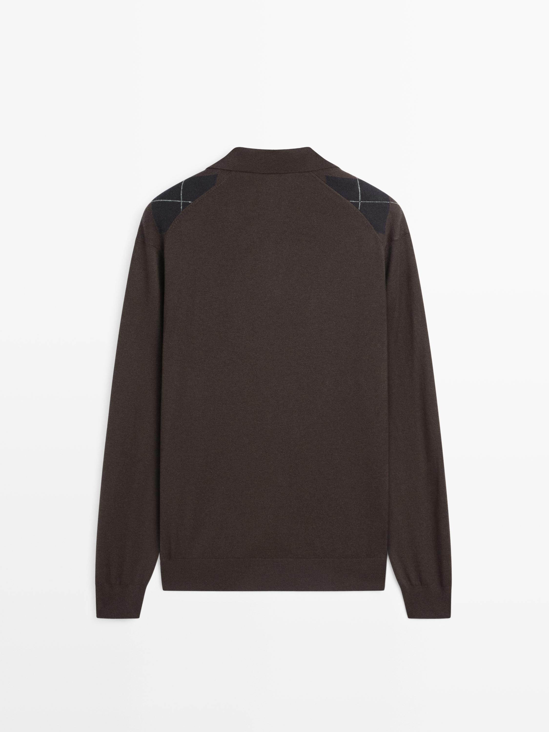 Wool blend argyle knit polo sweater — BROWN