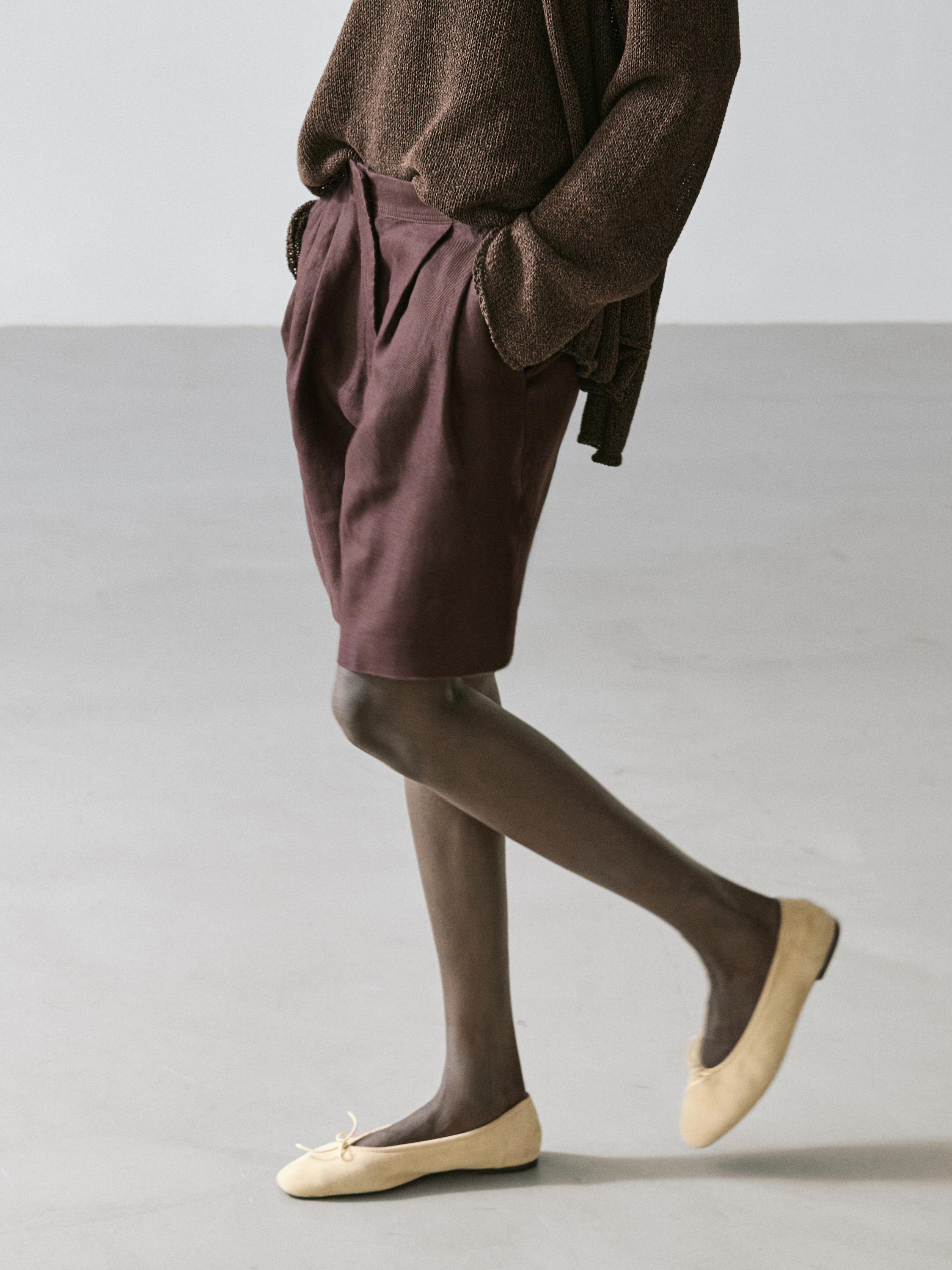 100% linen short pleated Bermuda shorts — AUBERGINE