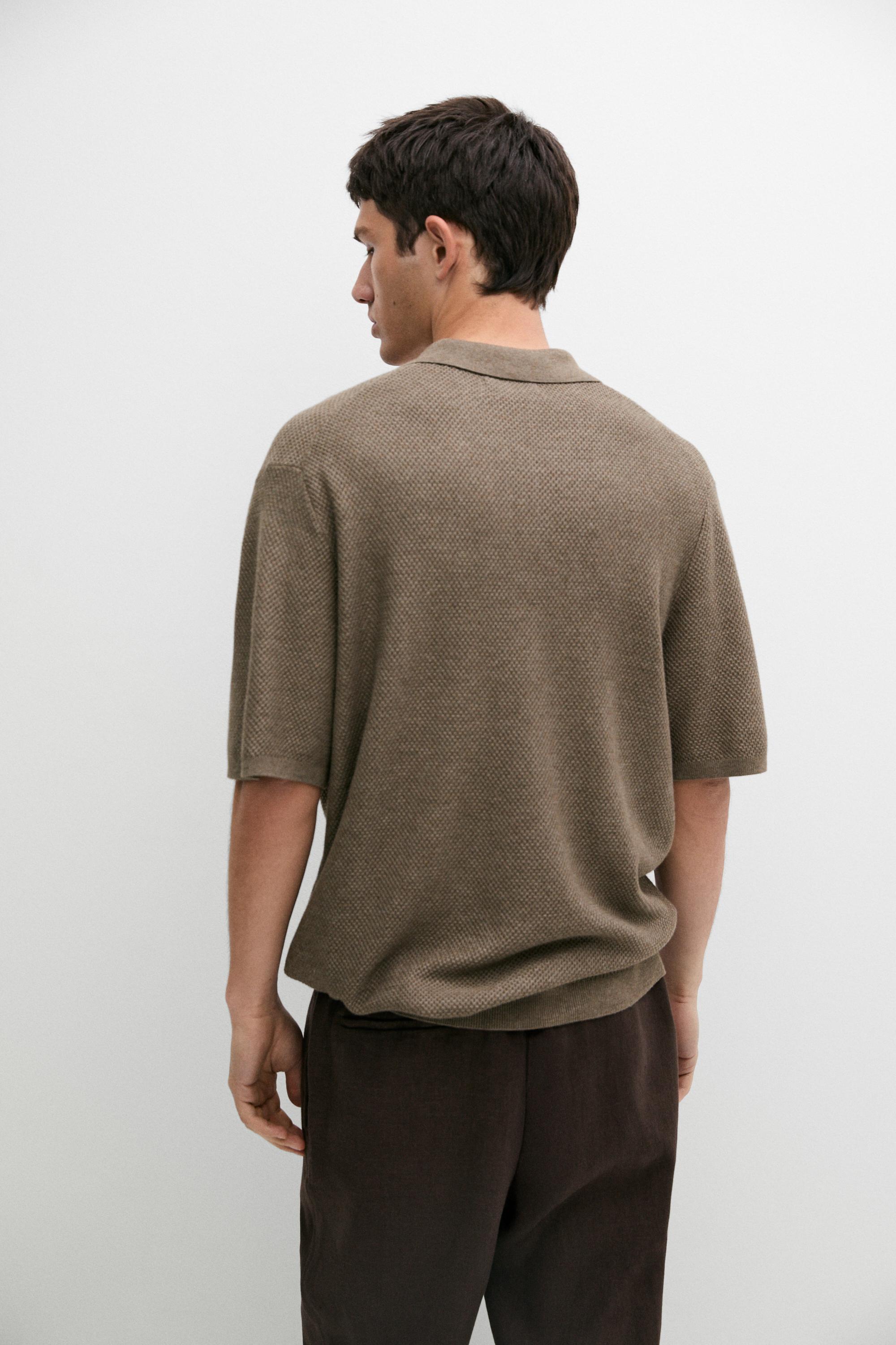 Cotton blend knit V-neck polo shirt — KHAKI