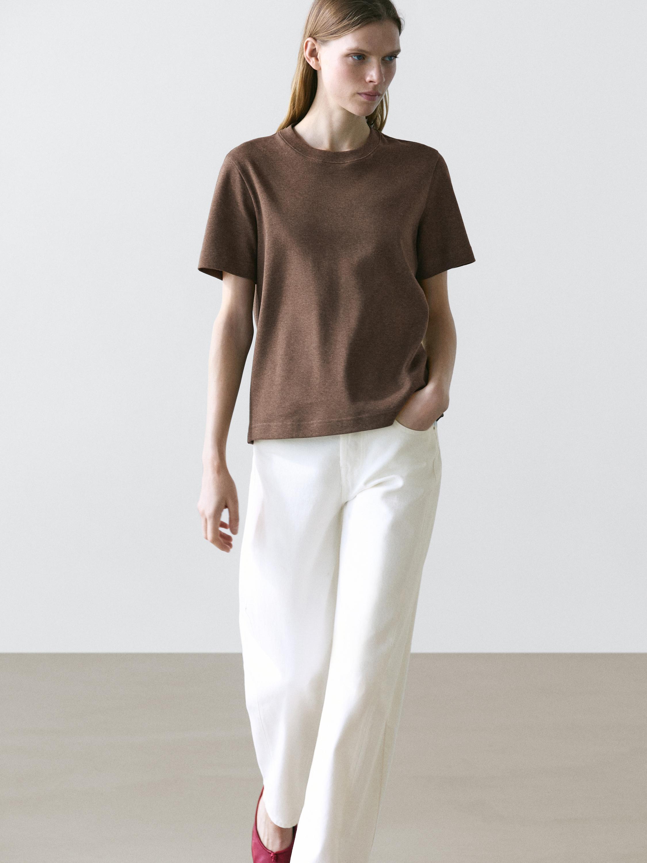 100% cotton interlock crew neck T-shirt — BROWN MARL