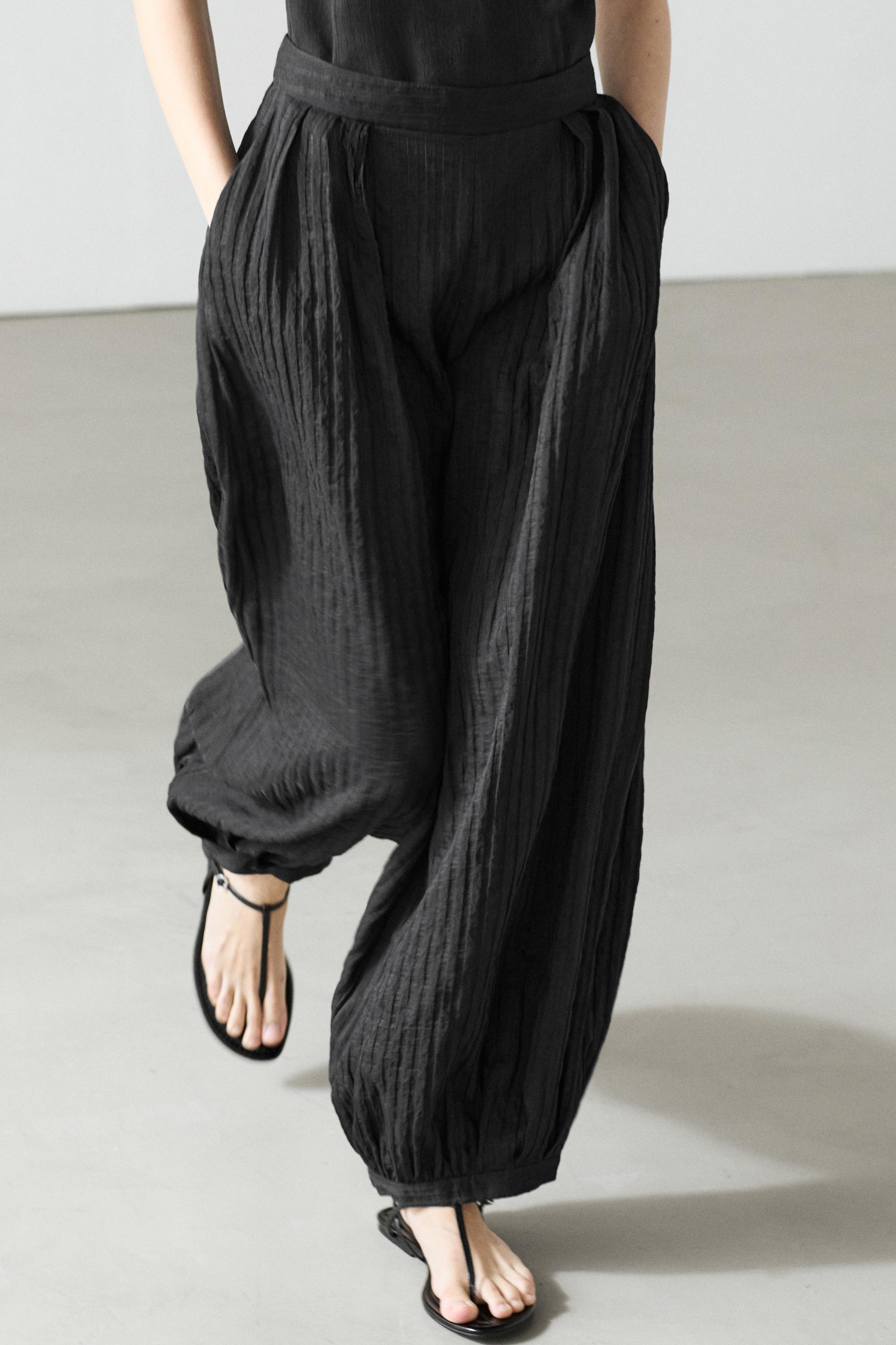 Flowing linen-blend drop crotch pants — BLACK