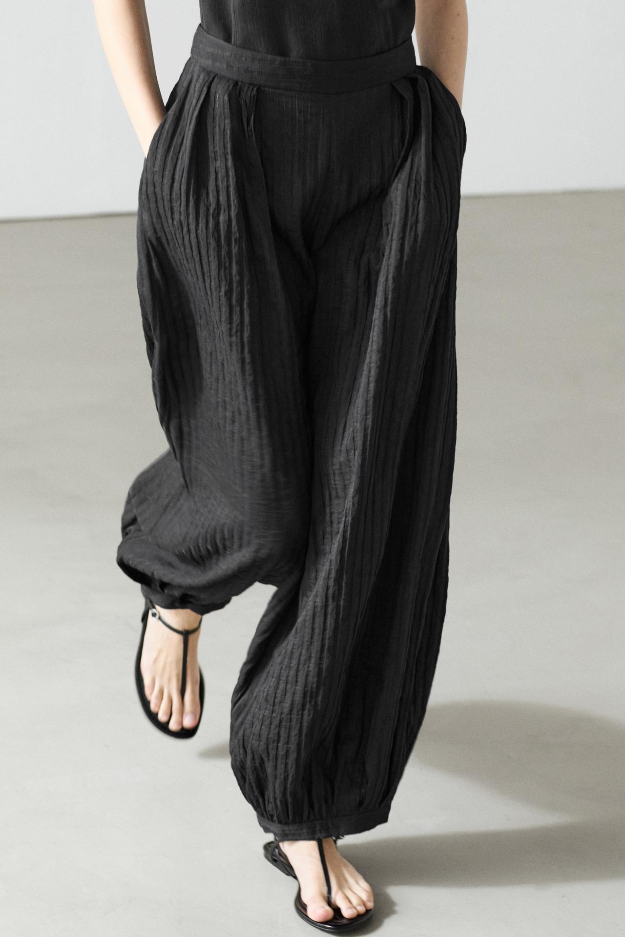 Flowing linen-blend drop crotch pants — BLACK