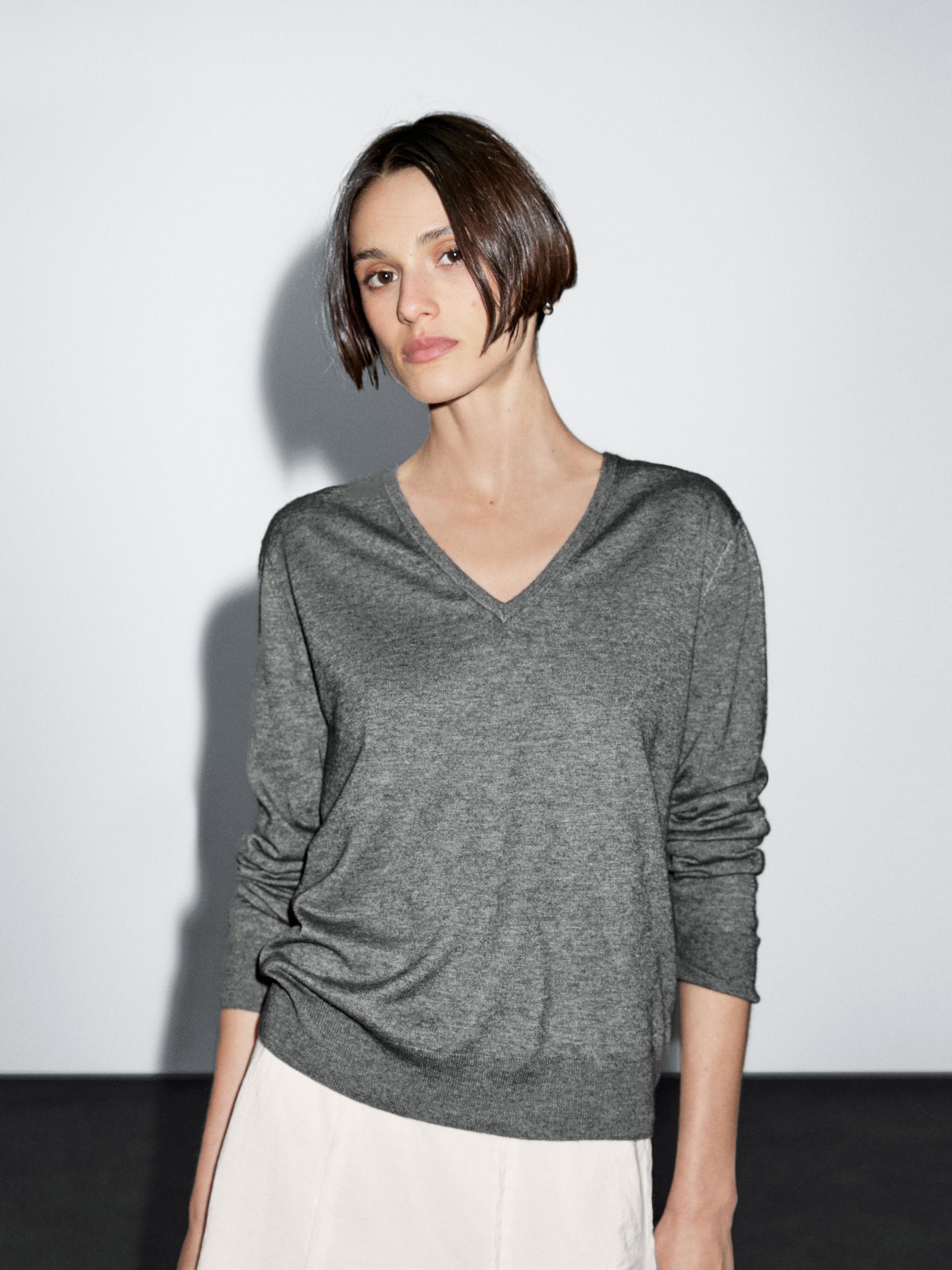 Jersey Punto Cuello Pico Con Lana - Grismedio - S - Massimo Dutti - Mujer