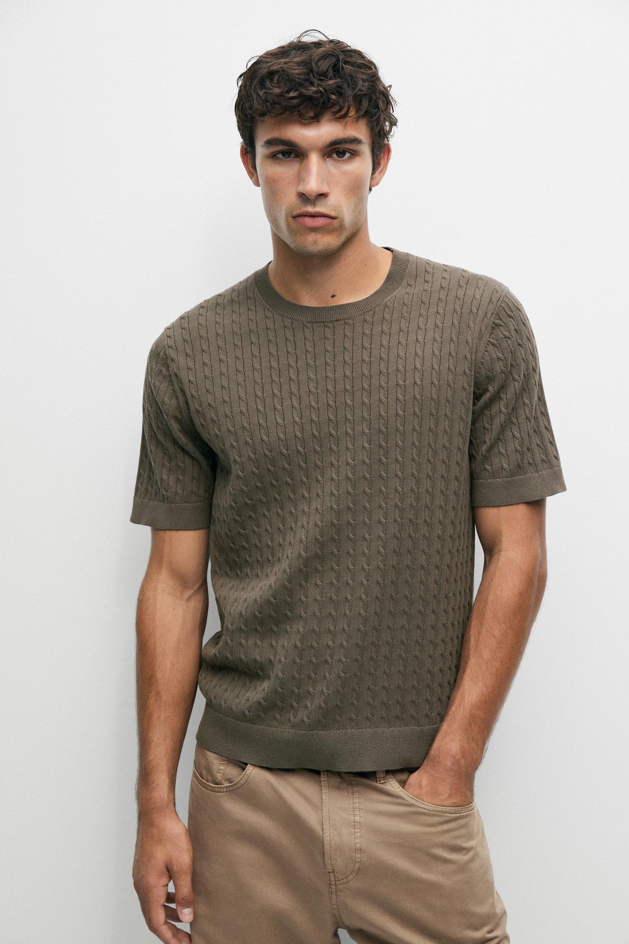 Cable-knit short sleeve sweater — Faded khaki