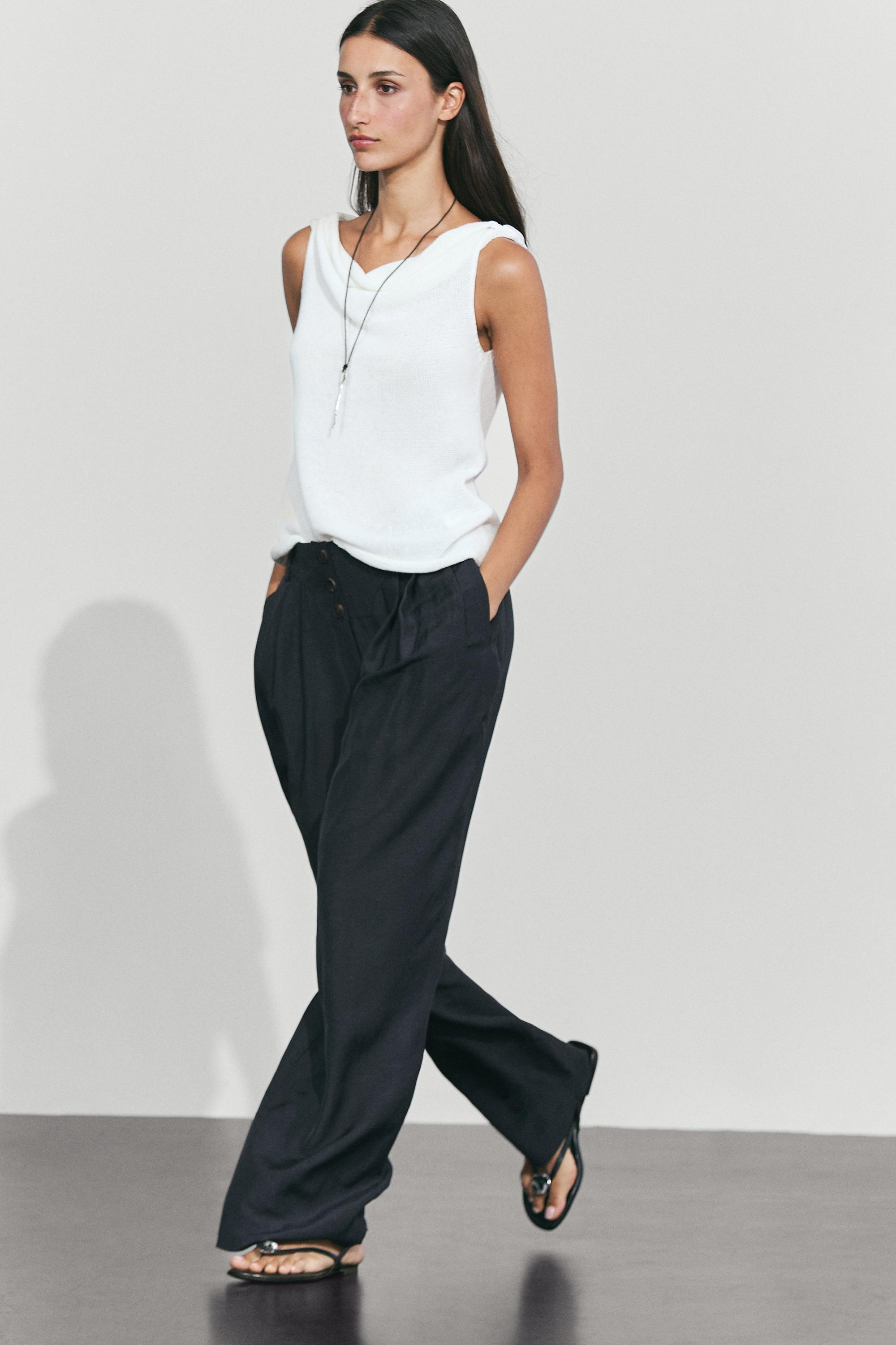 Linen-blend button-detail pants — NAVY BLUE
