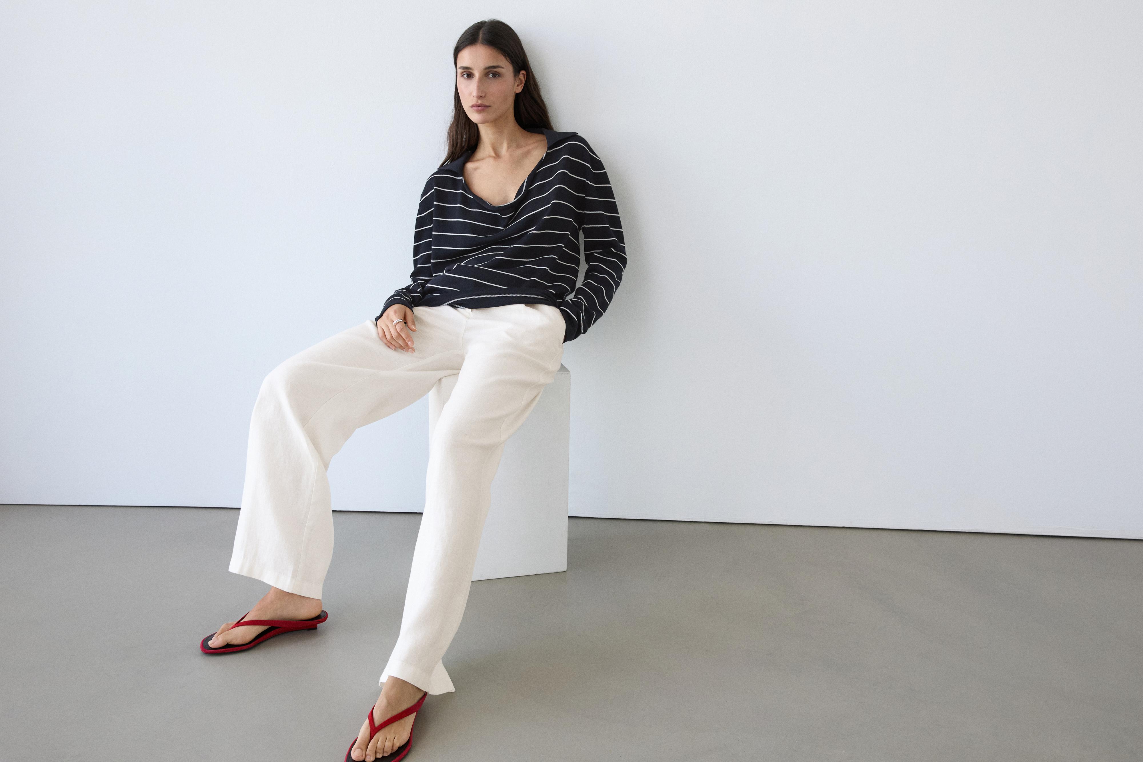 100% linen wide-leg elasticated trousers — Off white