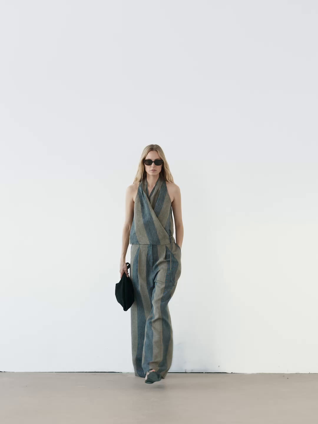 Gathered halter top with contrast stripe