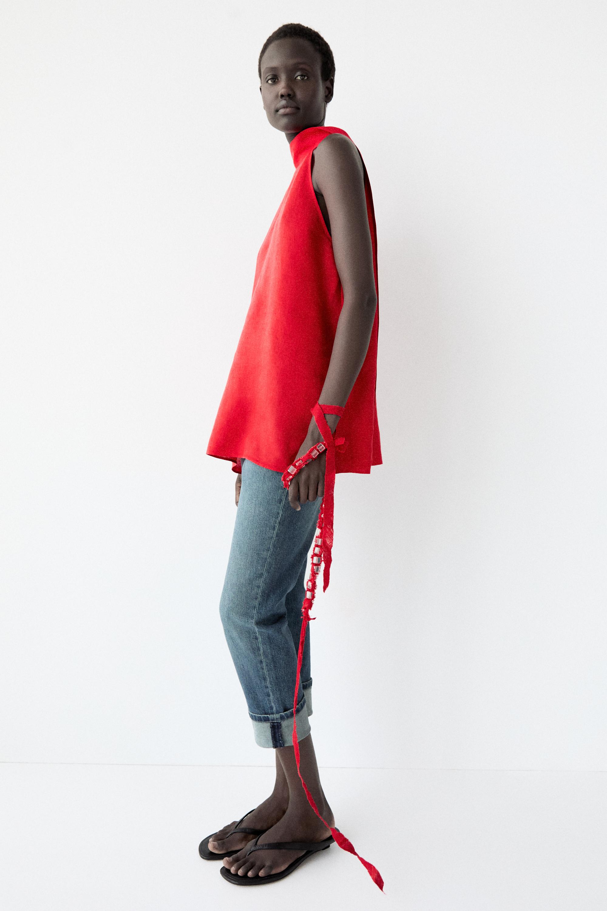 100% linen flowing halter top — RED