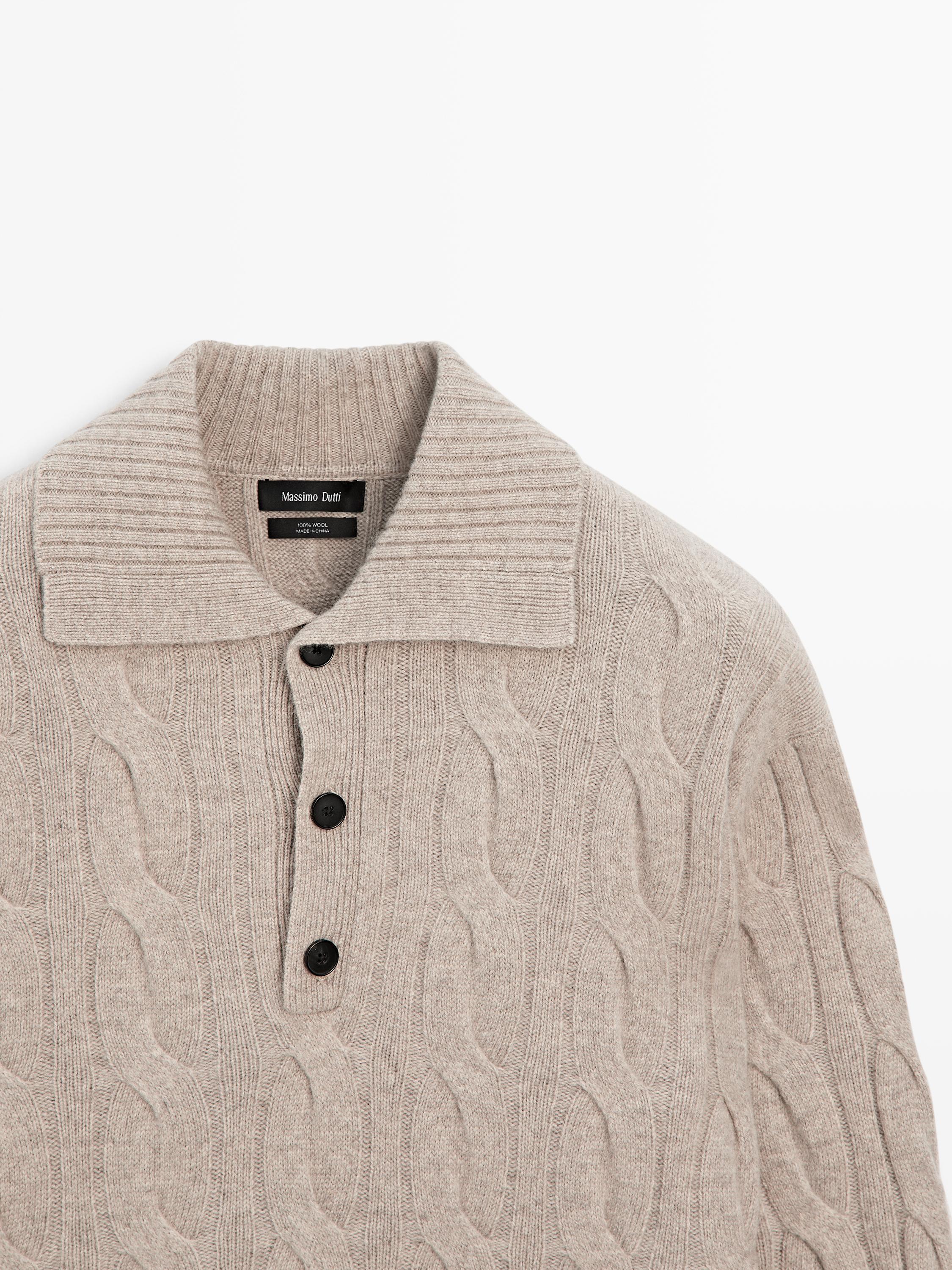 Wool cable-knit polo sweater — Sand