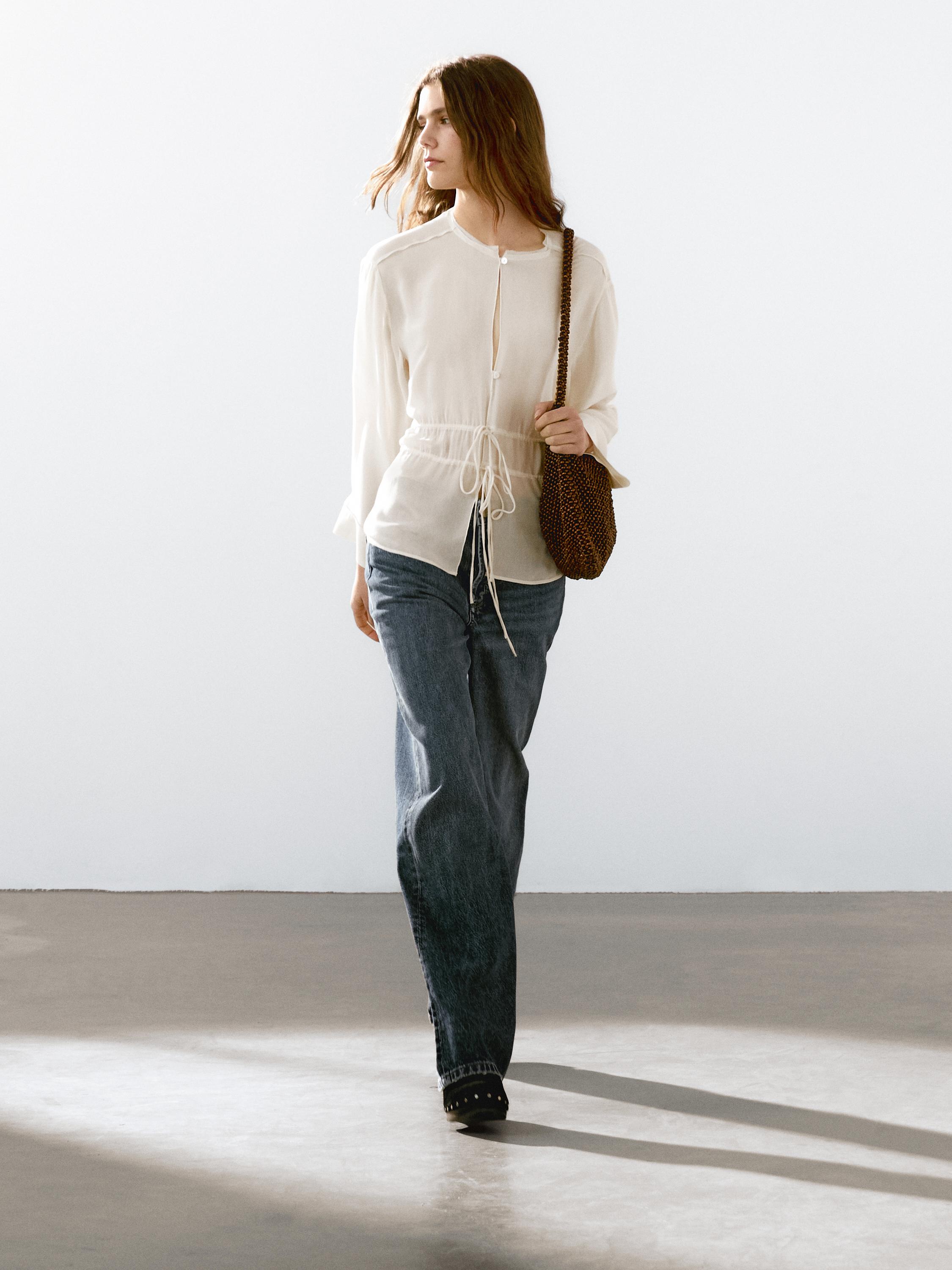Cotton blend high-waist straight-leg jeans