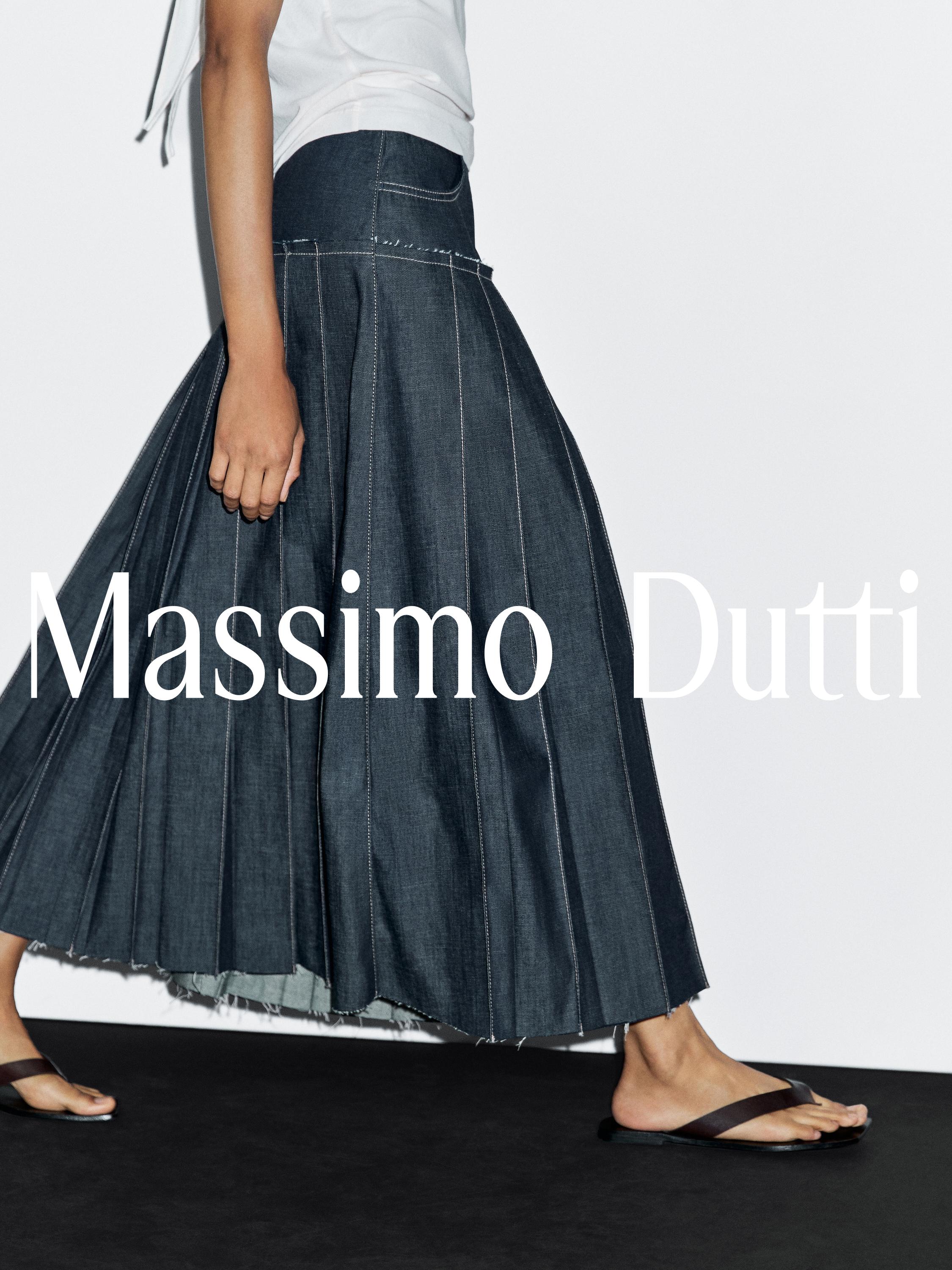 Denim midi skirt with box pleats