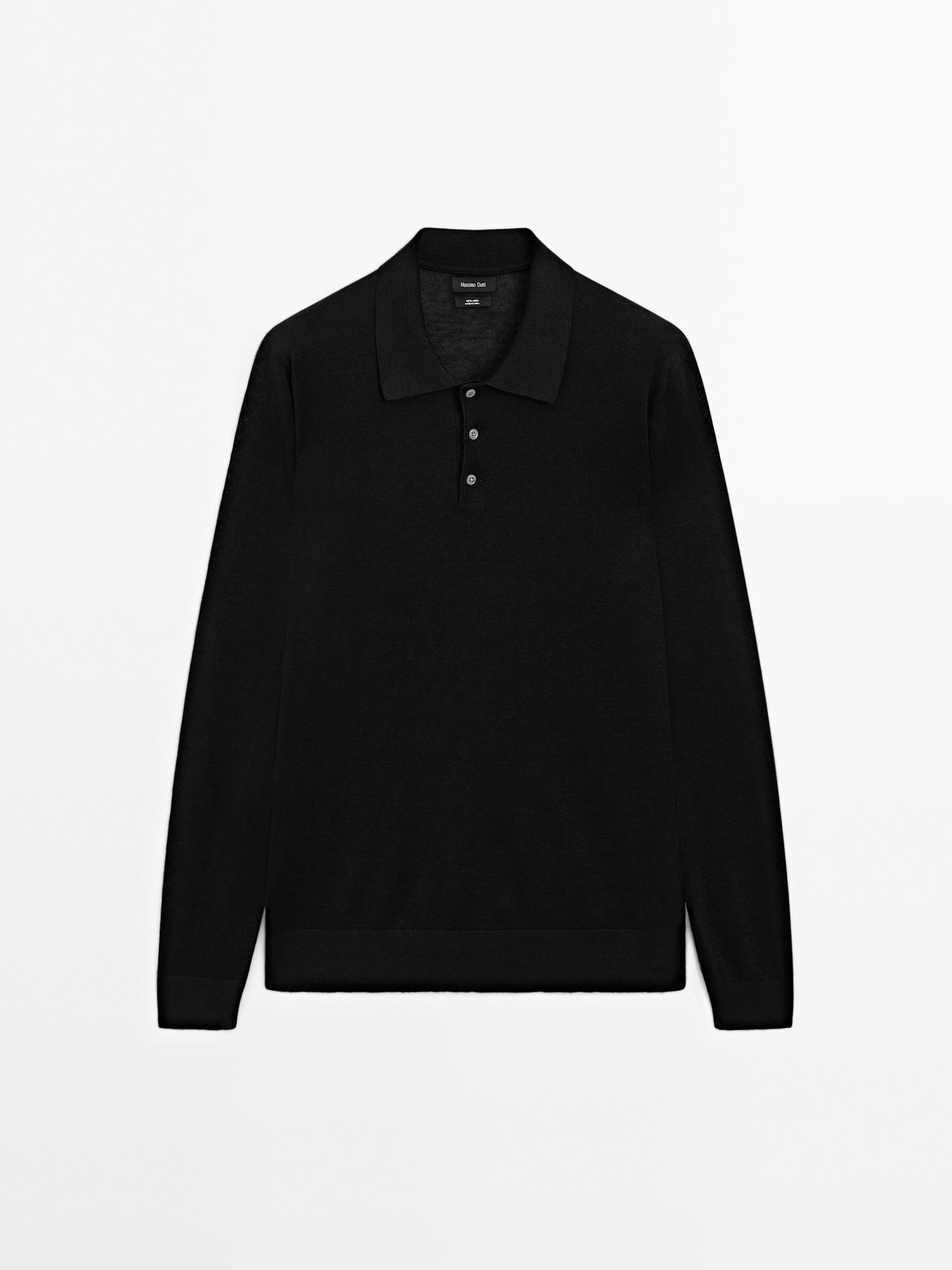 Massimo Dutti - Herre - Strikket Trøje I Hør Med Polokrave - Sort - S