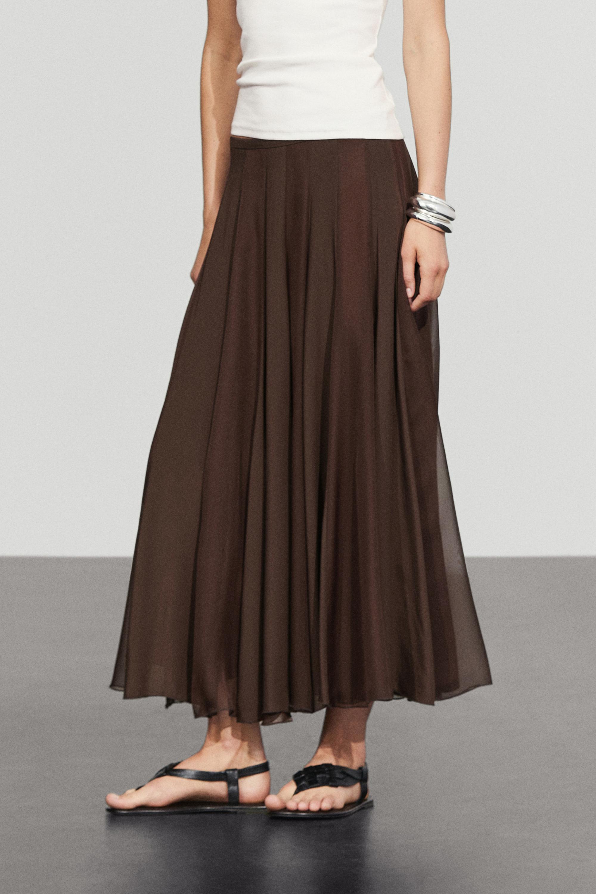 Flowing flared midi skirt — BROWN