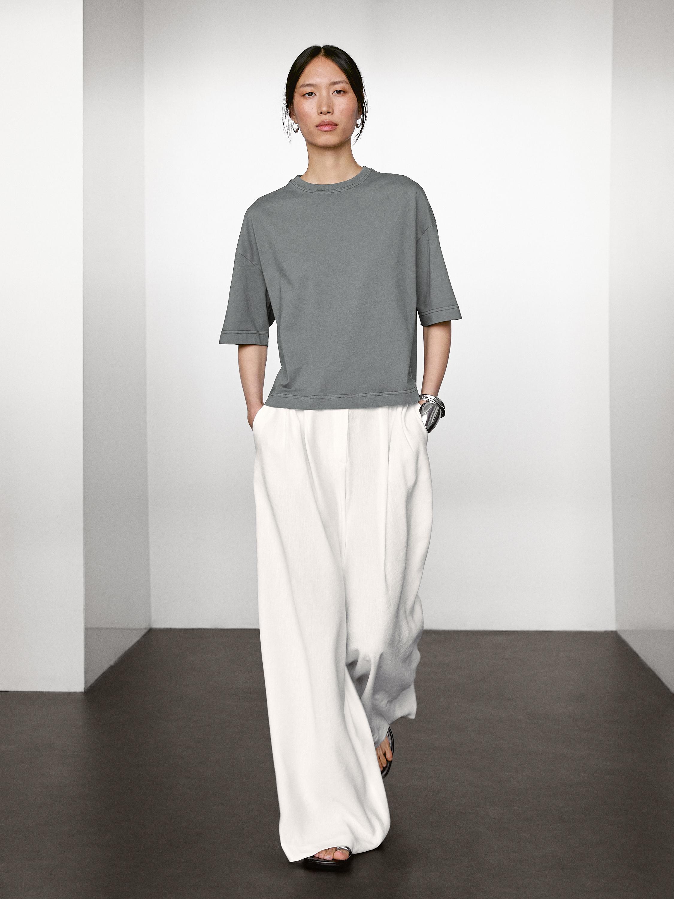 Linen blend darted palazzo trousers