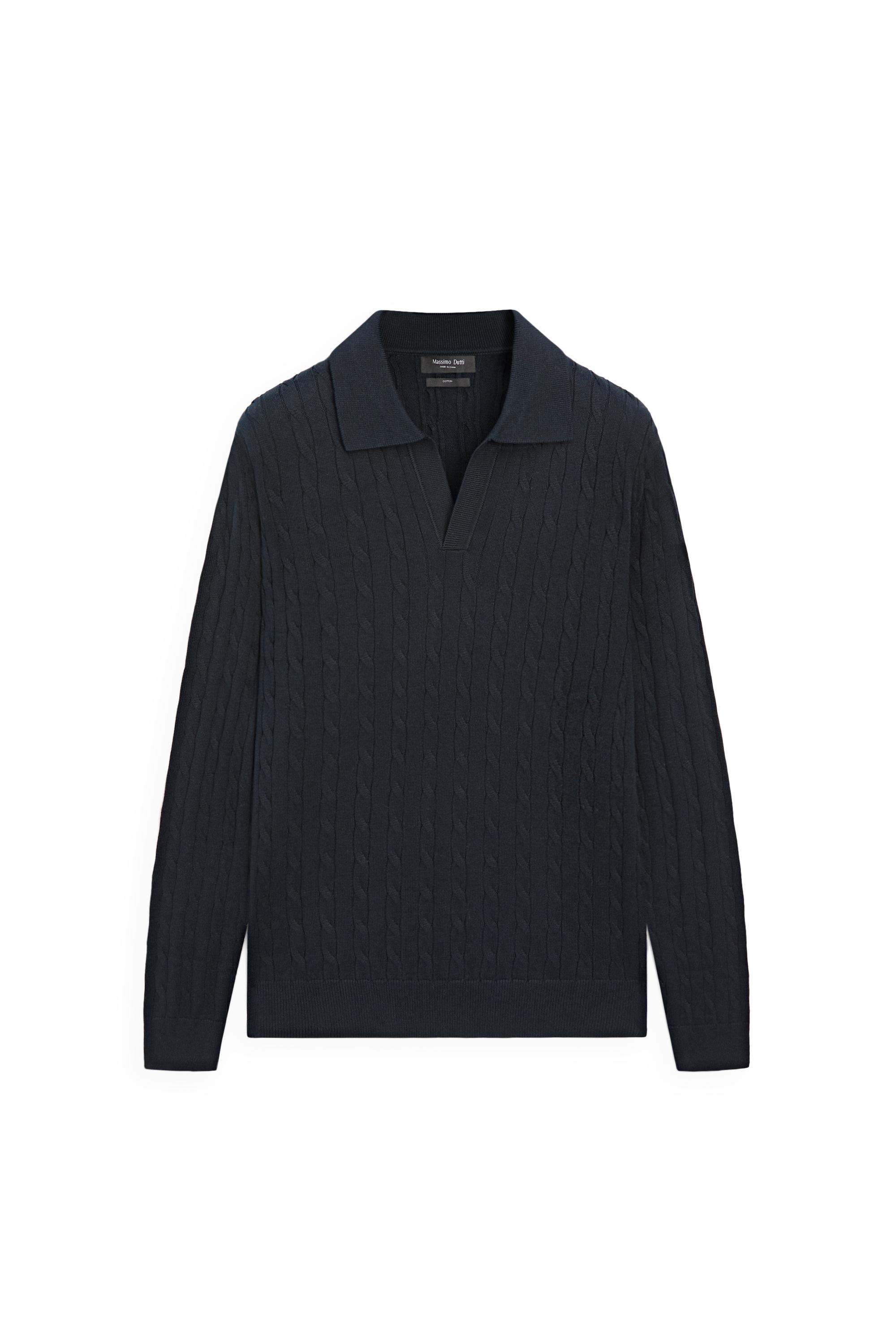 100% Cotton Cable-Knit Polo Sweater — NAVY BLUE