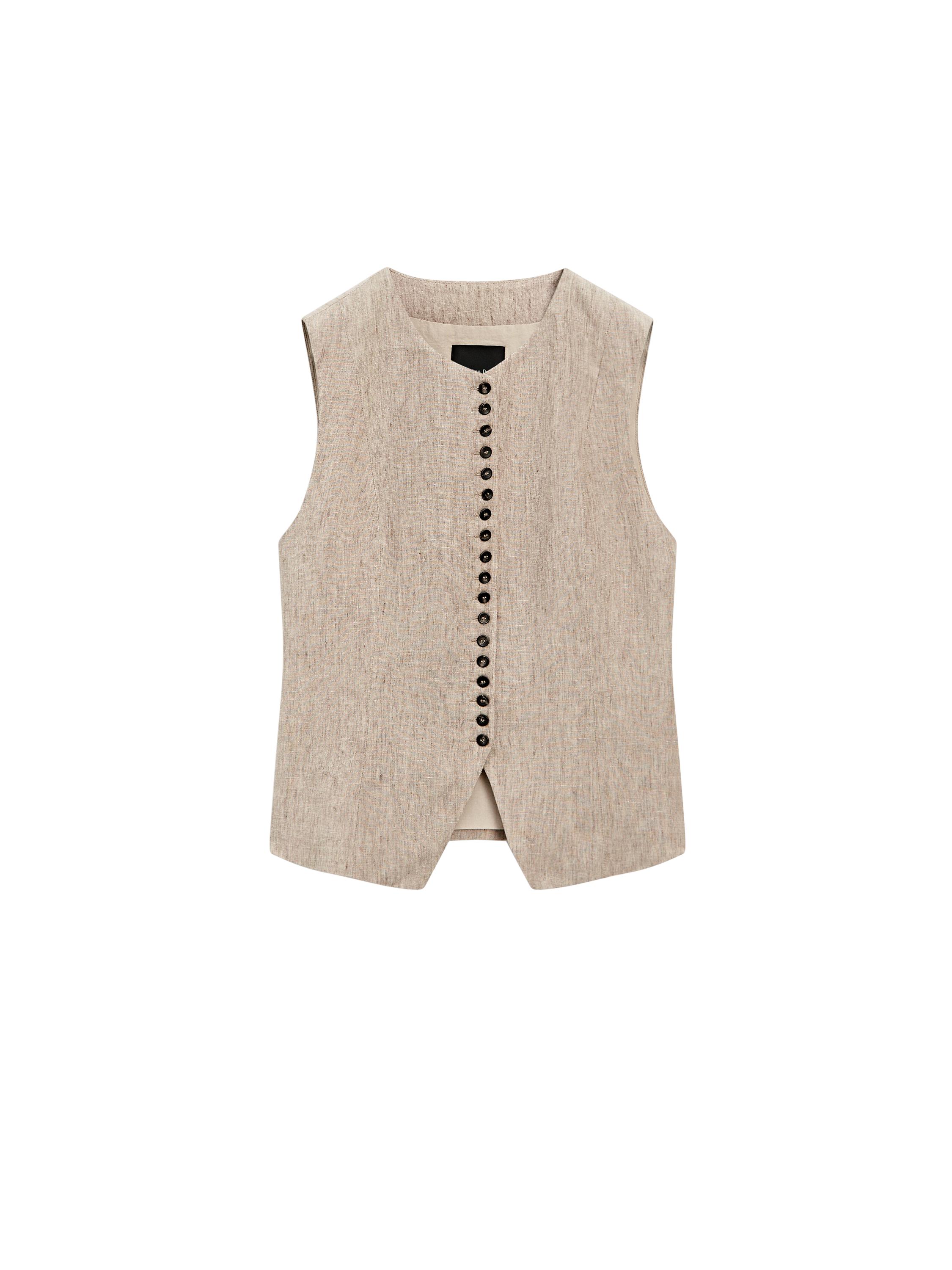 Düğme detaylı melanj keten yelek