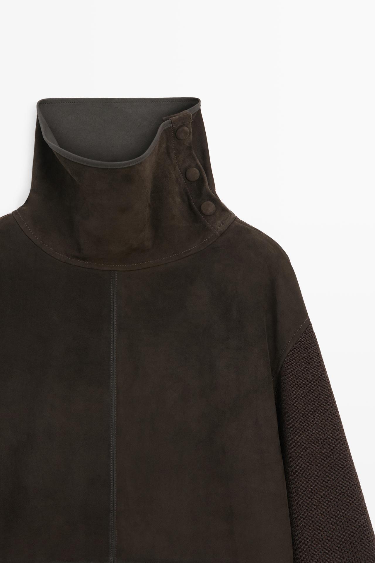 Combined high neck suede oversize blouse — BROWN
