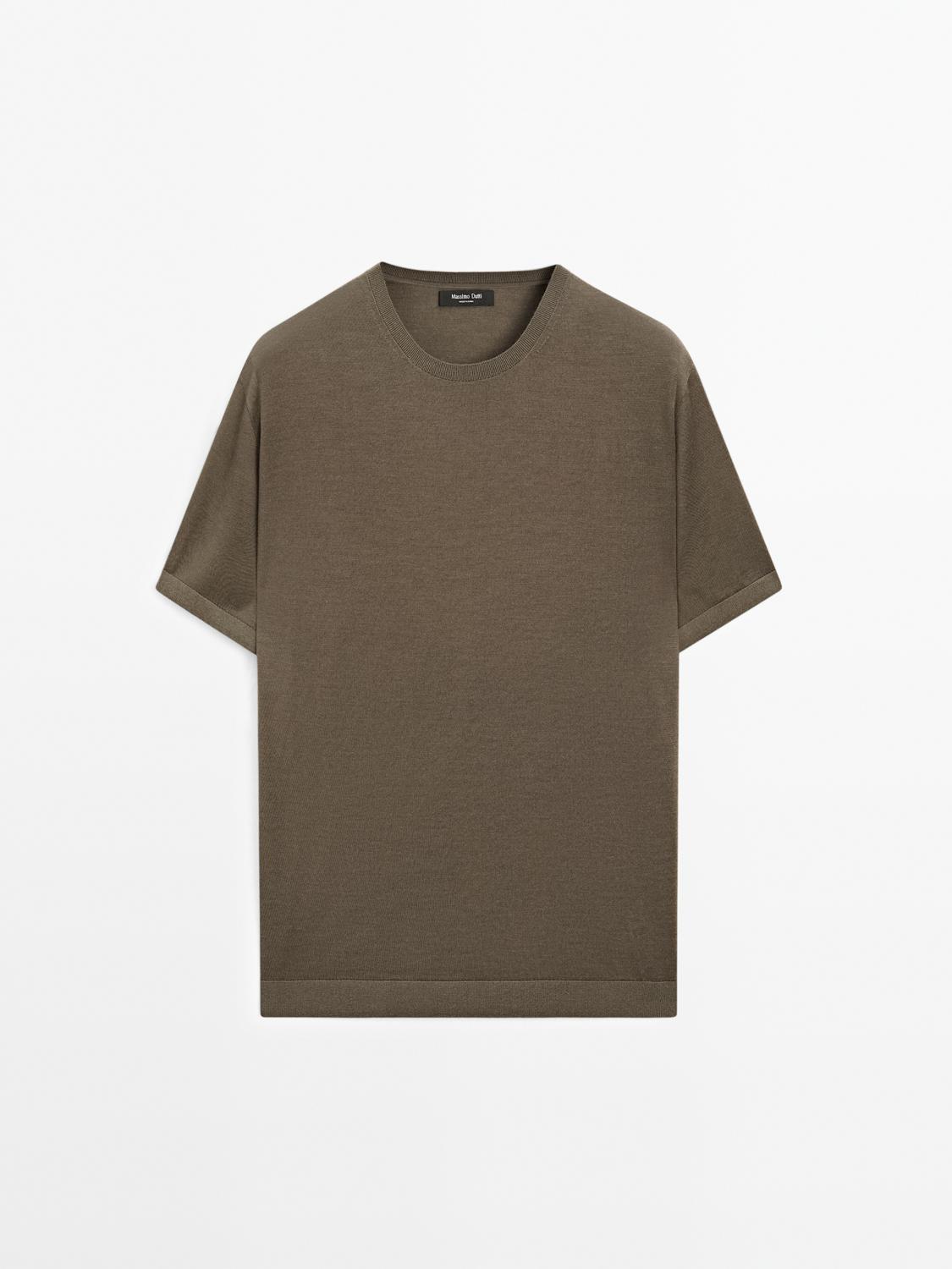 Massimo Dutti - Herre - Kortærmet T-Shirt I Strik Af Uldblanding - Kaki - M