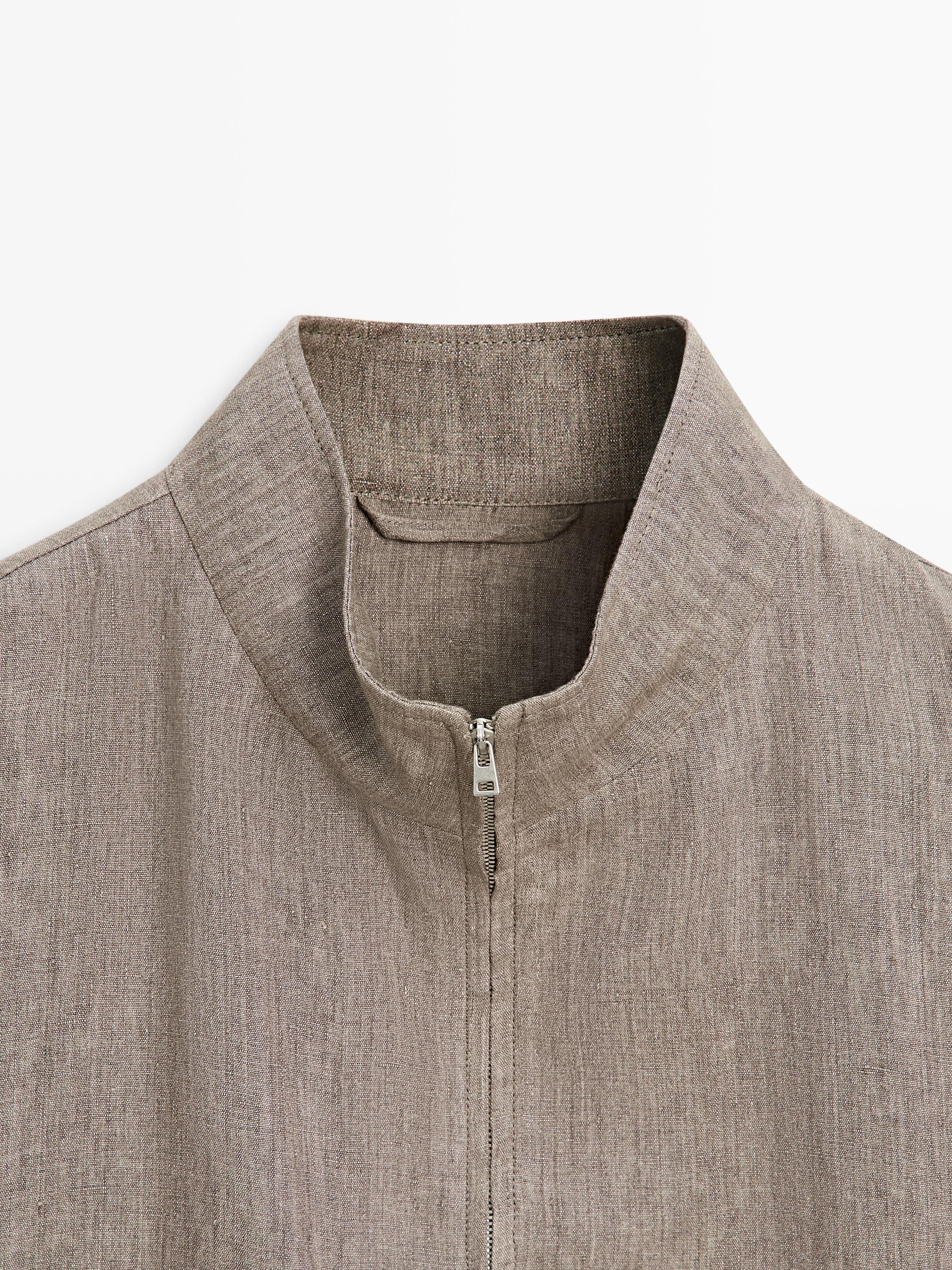 Faded total look linen bomber jacket — BROWN