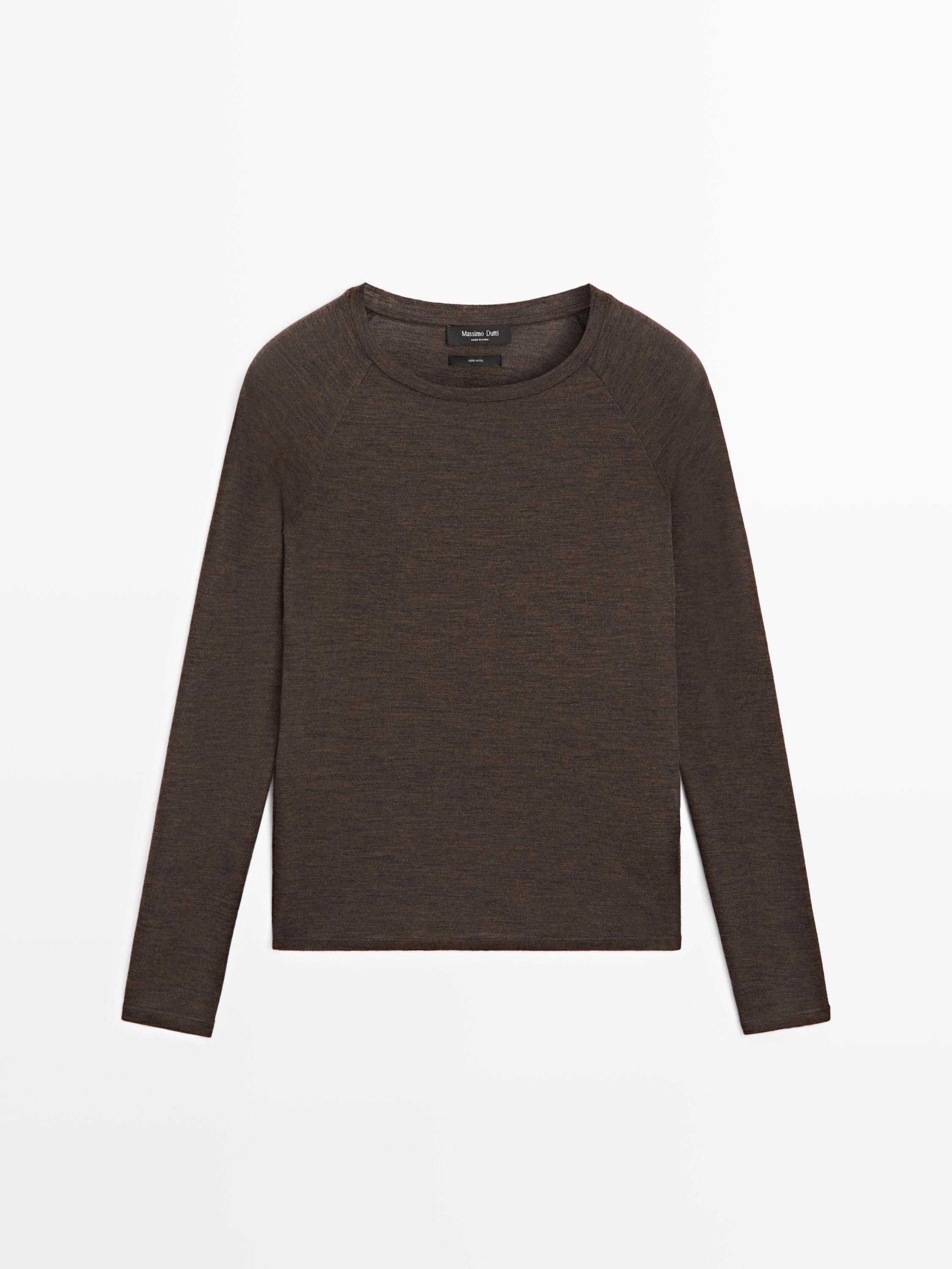 Front view of a long-sleeved, crew-neck brown marl t-shirt.