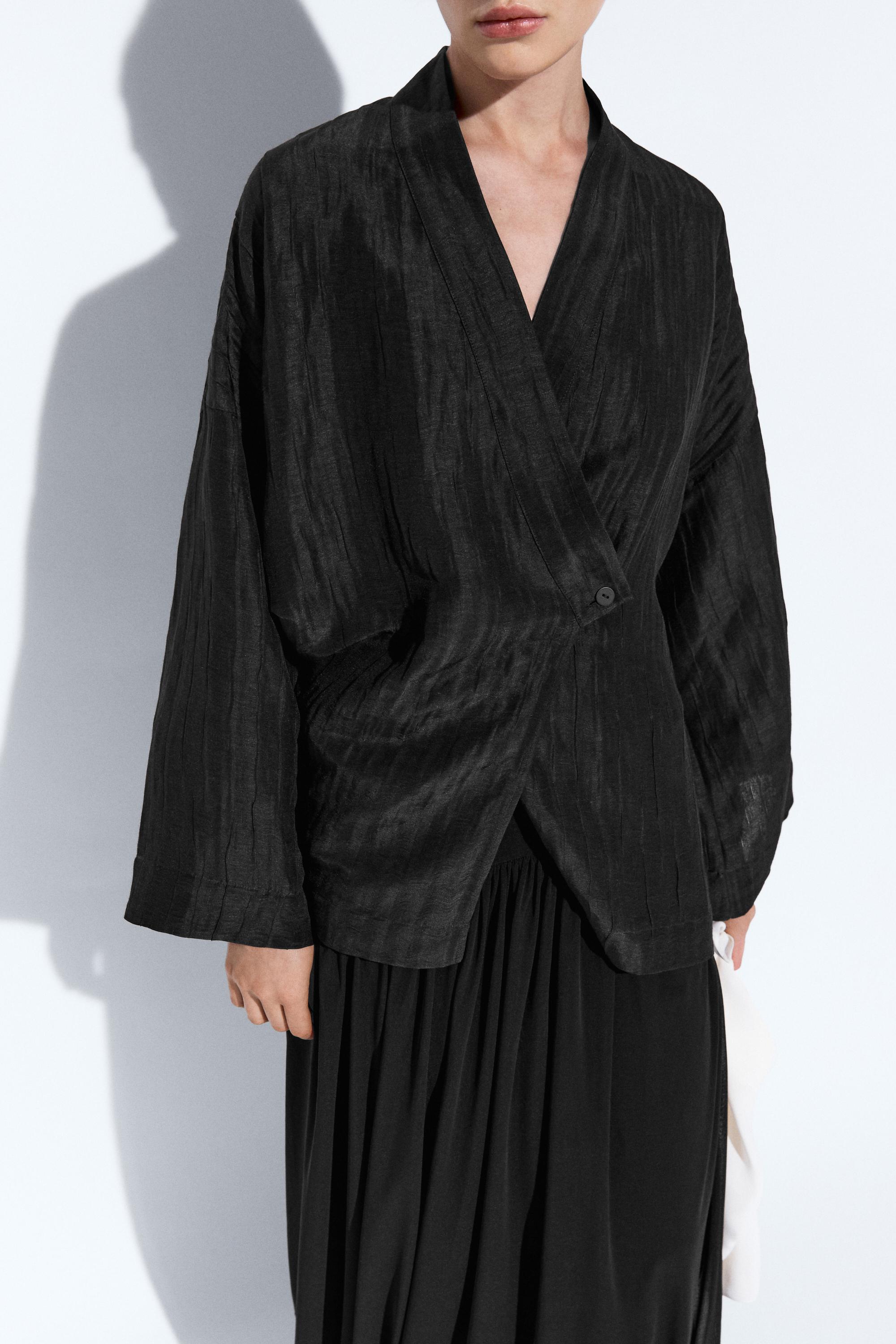 Textured linen blend V-neck kimono — BLACK