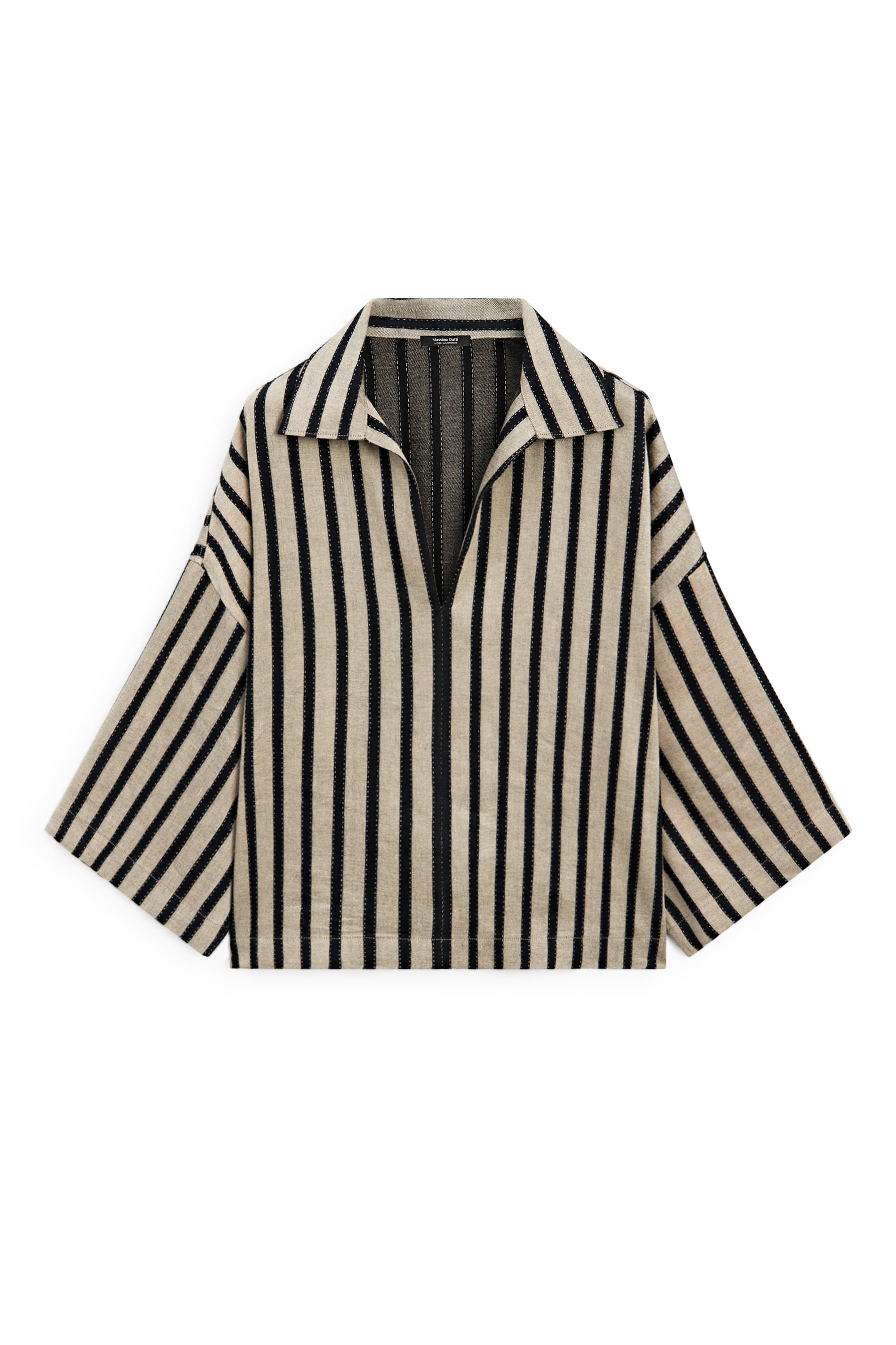 Oversize striped linen blend blouse — SAND