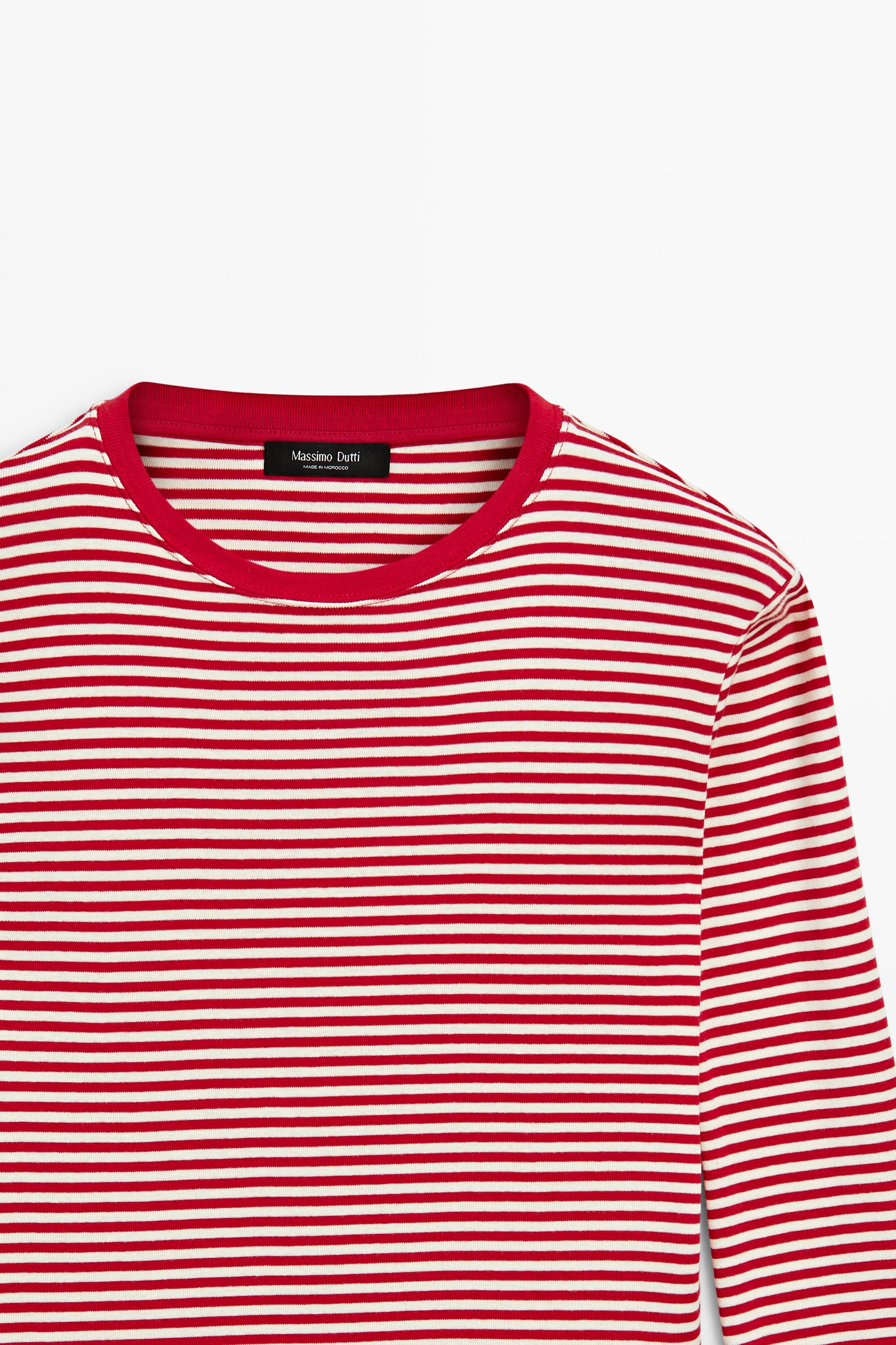 100% cotton long sleeve striped T-shirt — RED