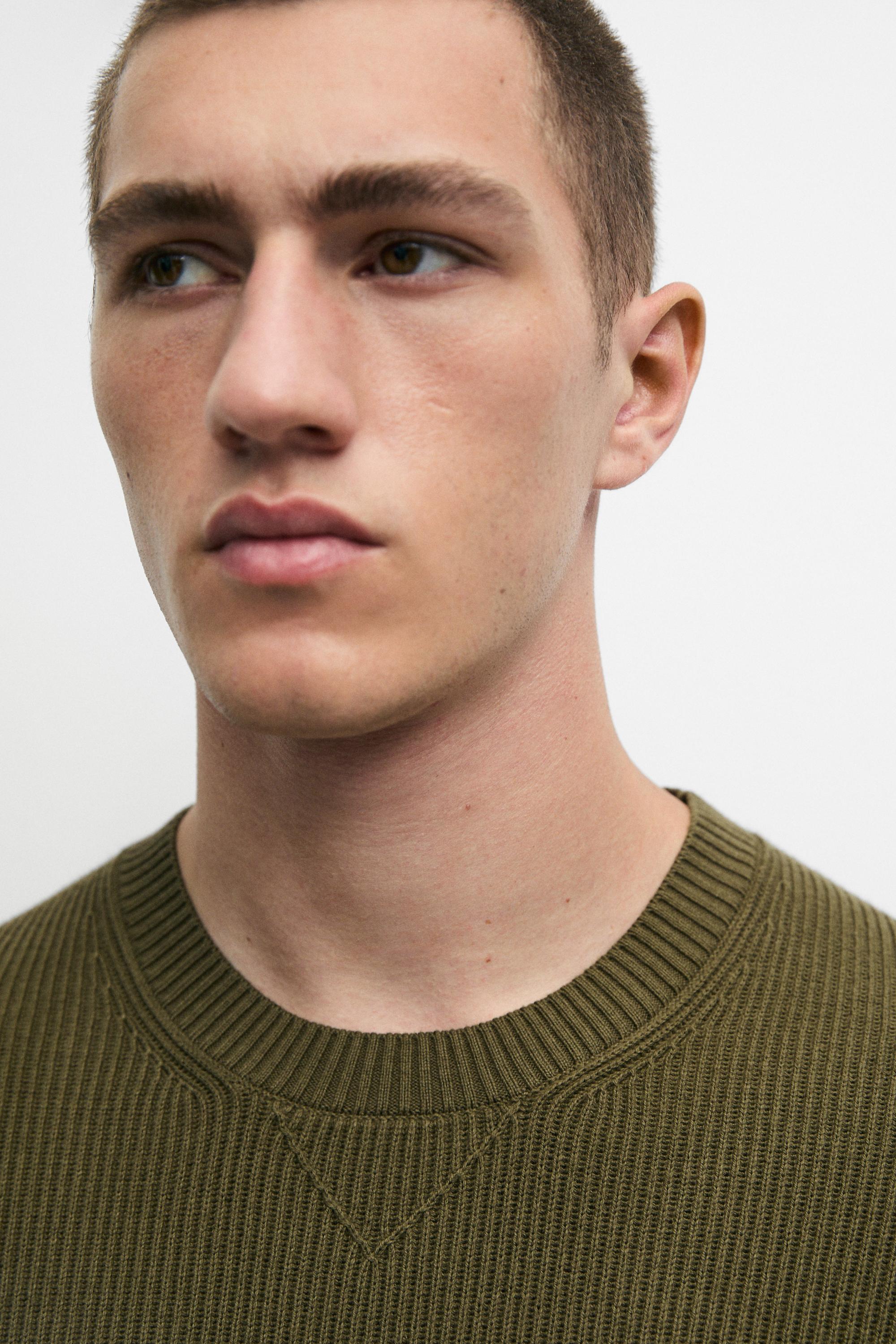Cotton blend ribbed knit sweater — KHAKI