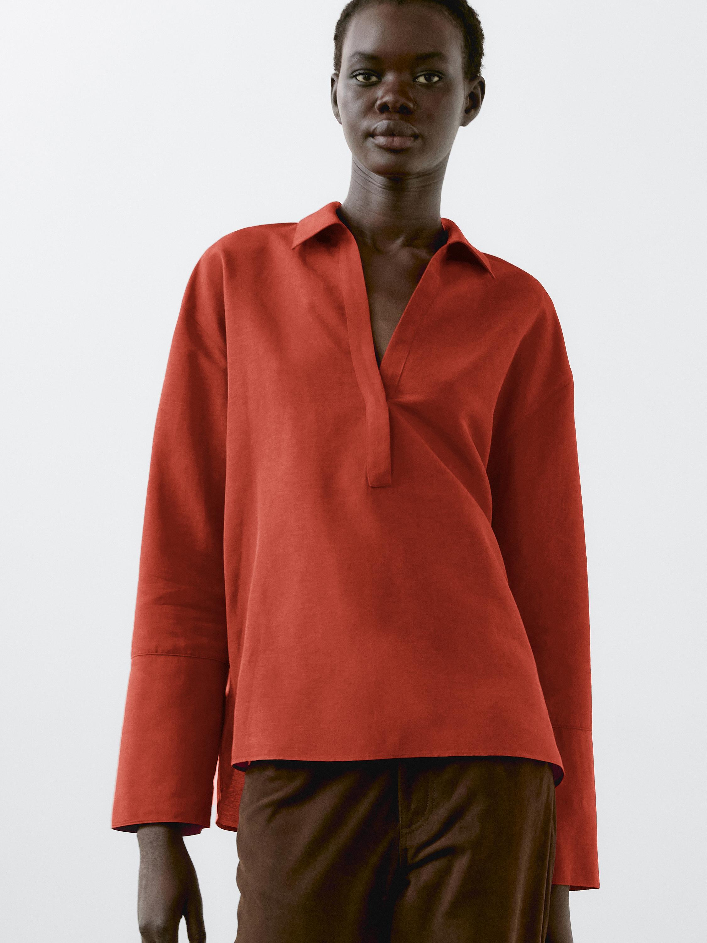Linen blend blouse with polo collar