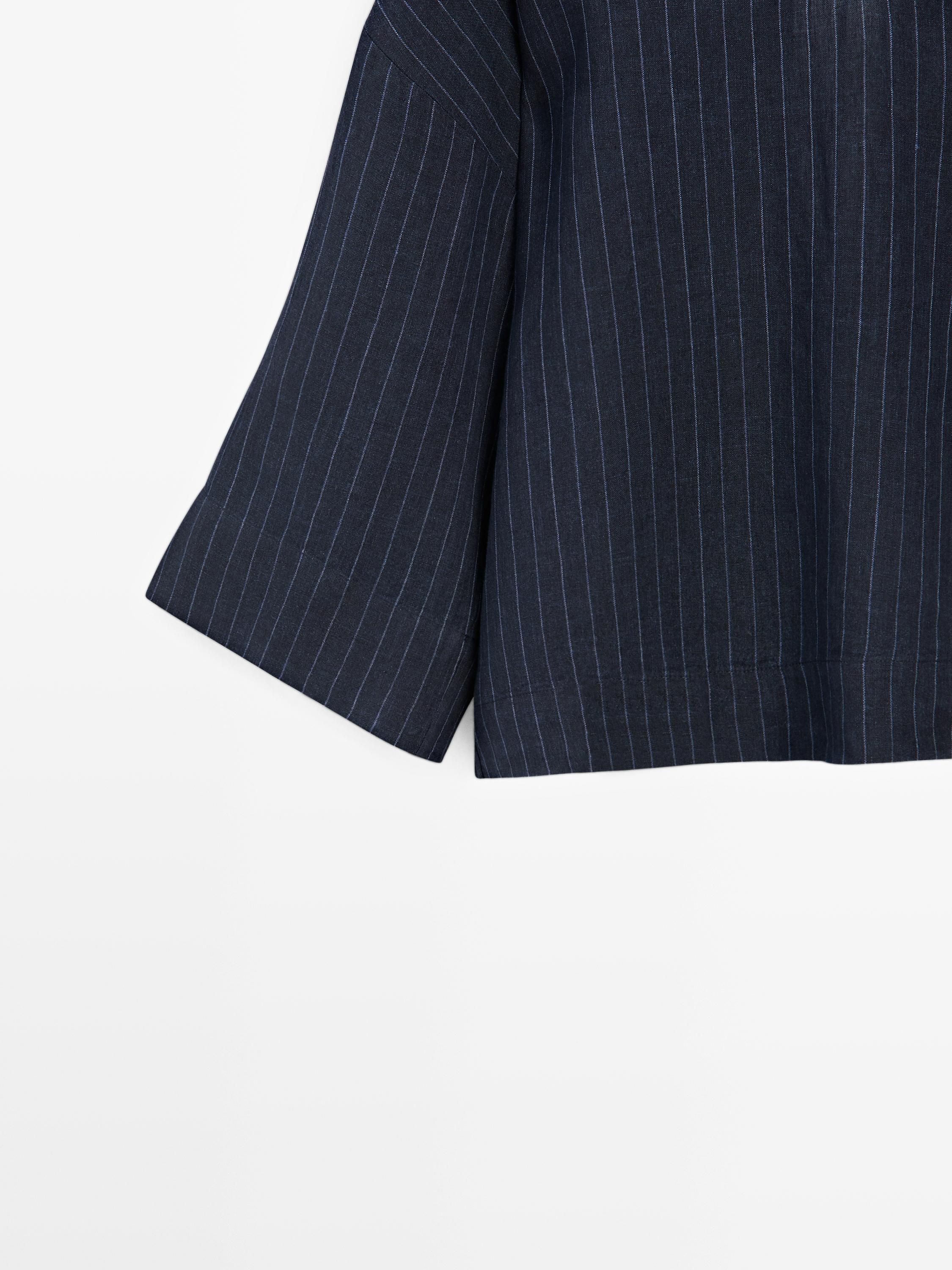 Striped linen blouse with back detail — DARK BLUE