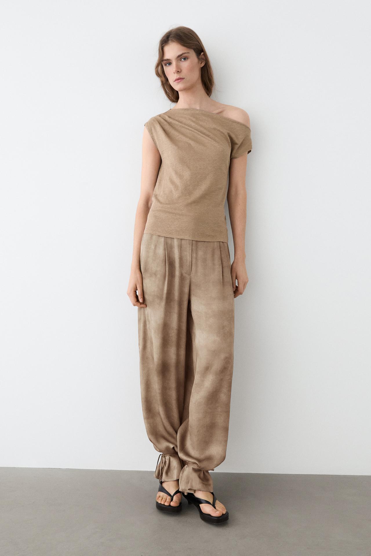 Flowing pants with tie-detail hem — BEIGE