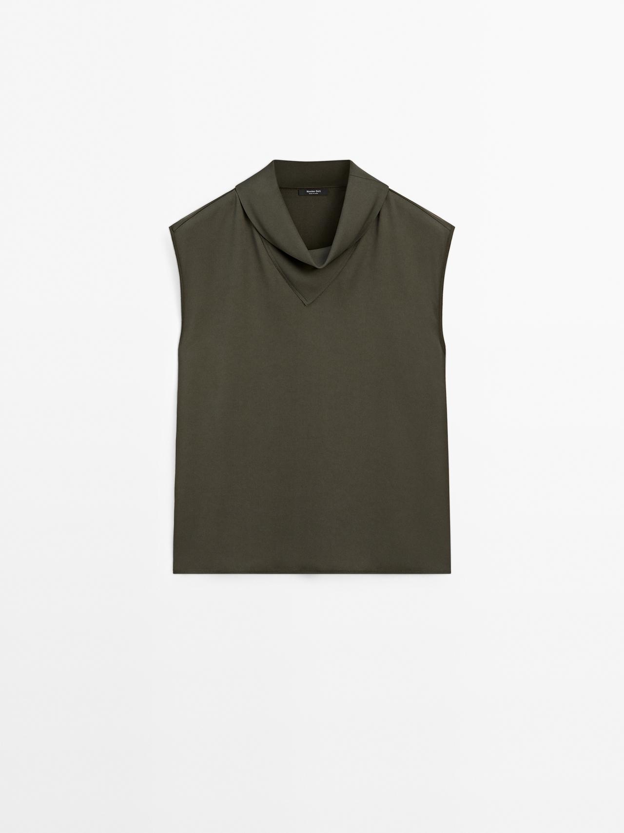Massimo Dutti - Dame - Loose Fit Bluse Med Draperet Hals - Mørkegrøn - M