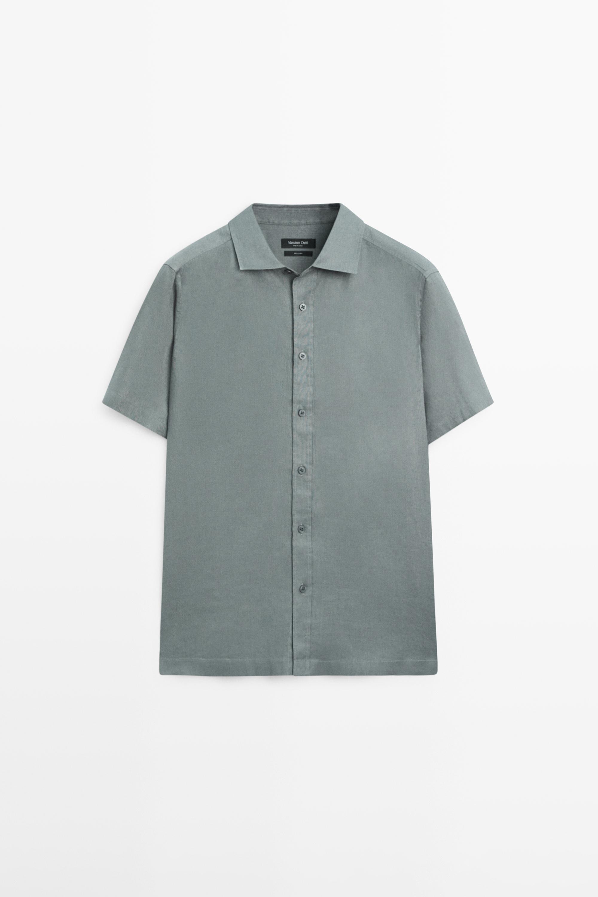 100% linen regular fit short sleeve shirt — GREY