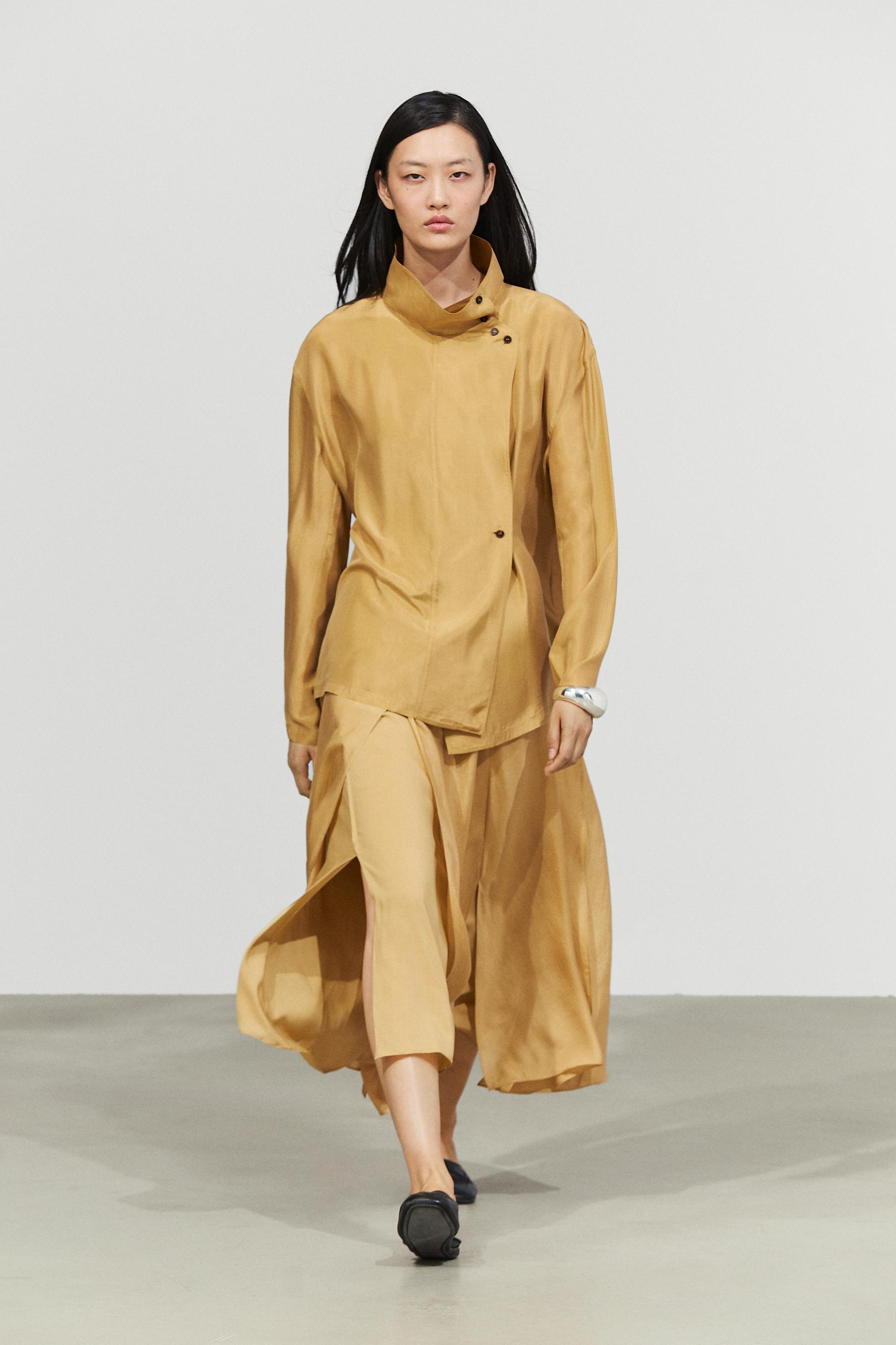 100% silk crossover mock neck shirt — MUSTARD YELLOW