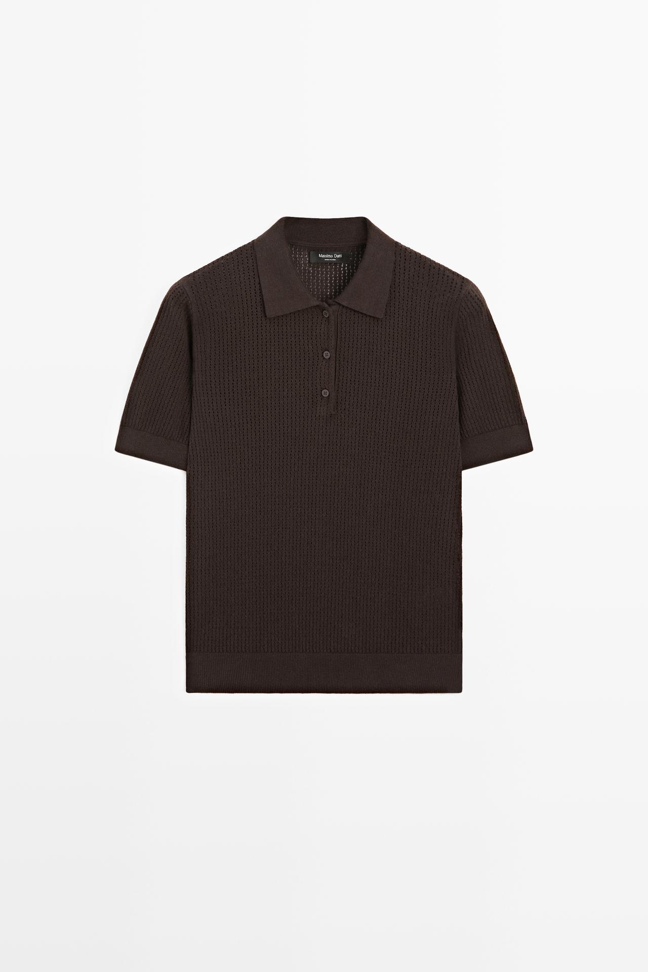 Cotton blend open-knit polo shirt — BROWN