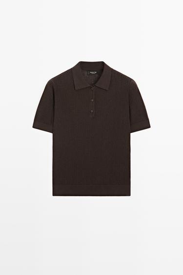 Cotton blend open-knit polo shirt — BROWN 2