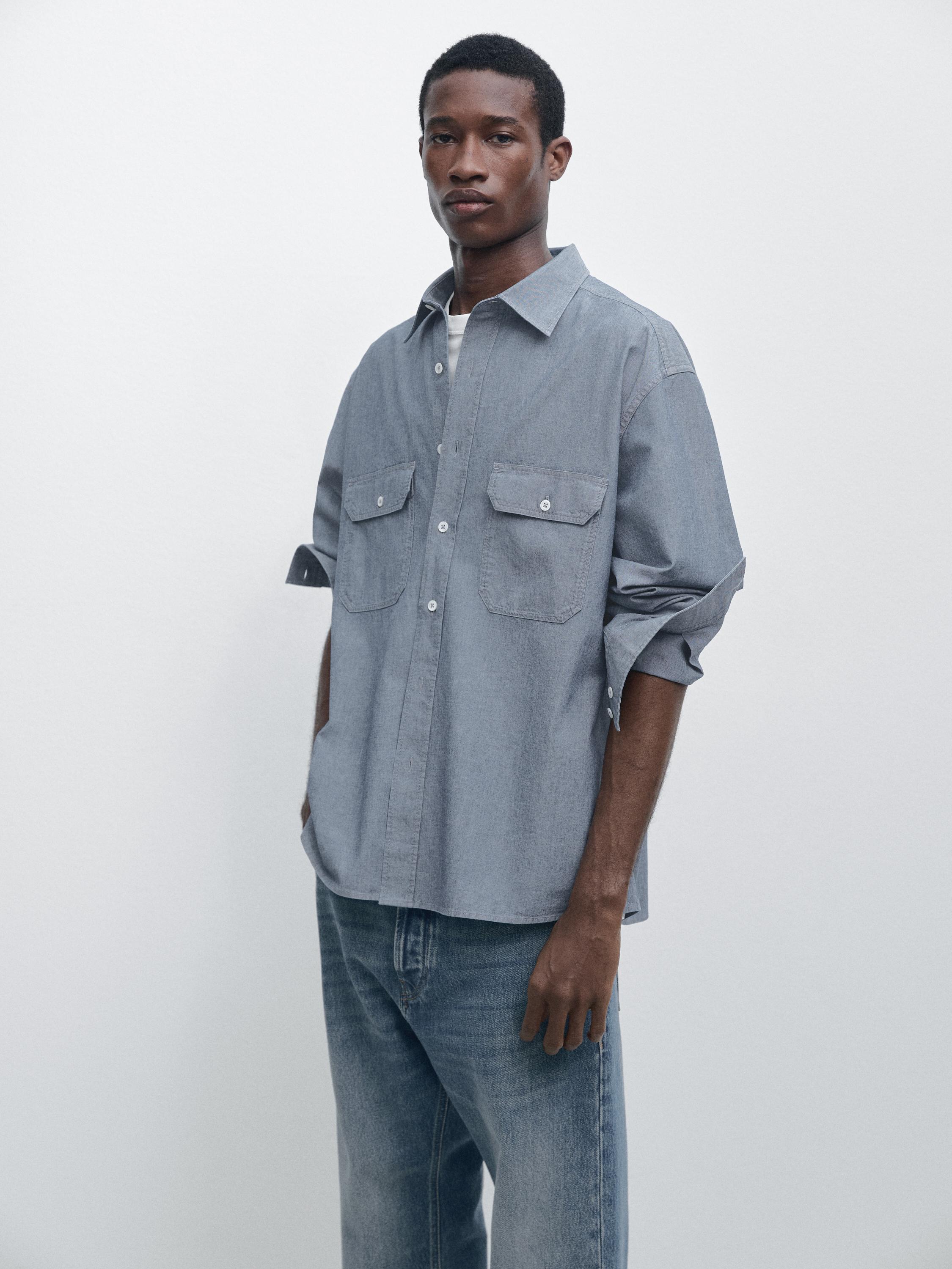 Regular fit chambray shirt with pocket details — SKY BLUE