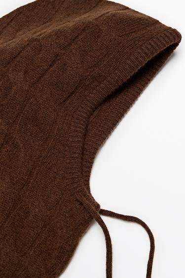 Cotton blend cable-knit balaclava with tie — Caramel 2