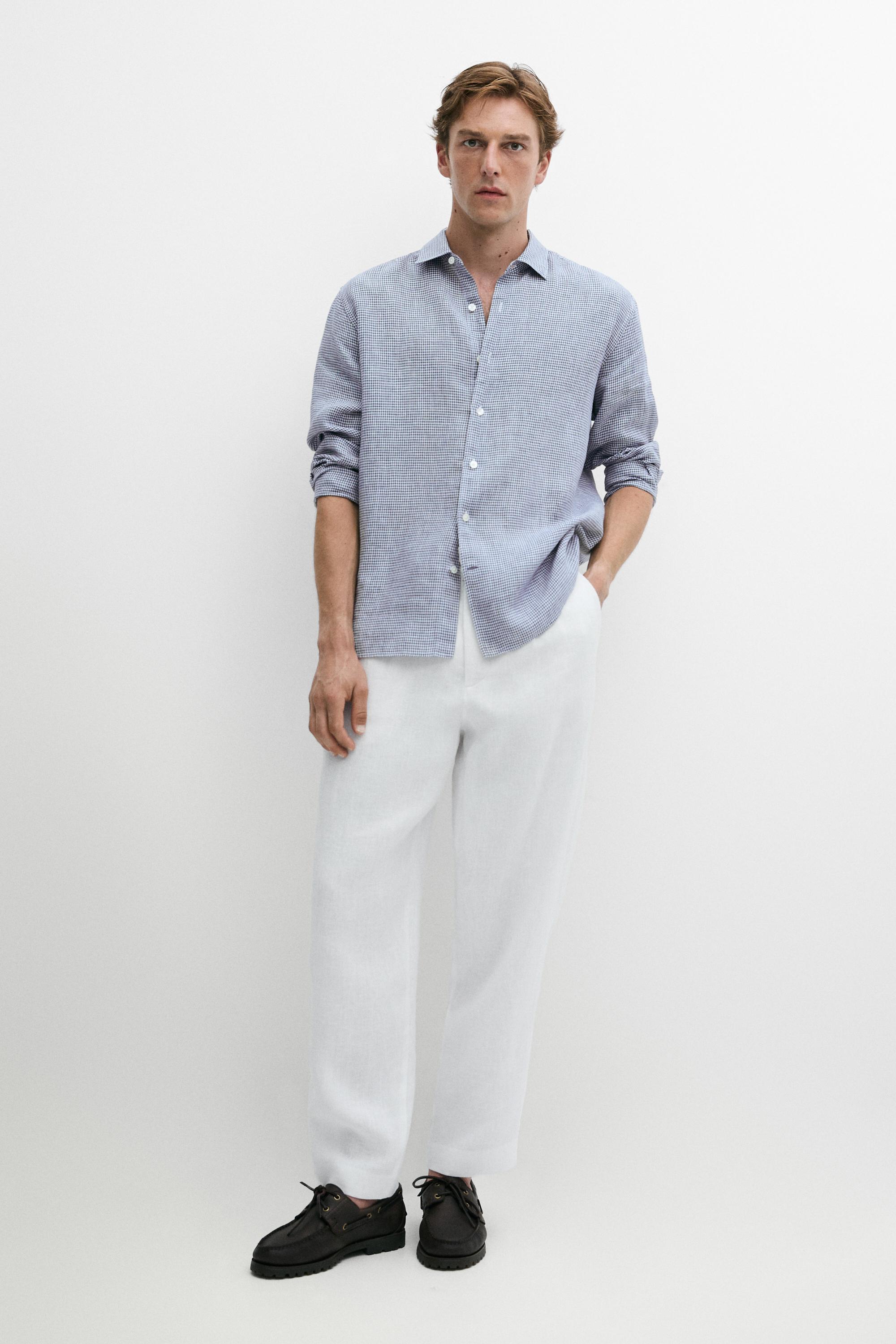 100% linen regular fit gingham shirt — NAVY BLUE