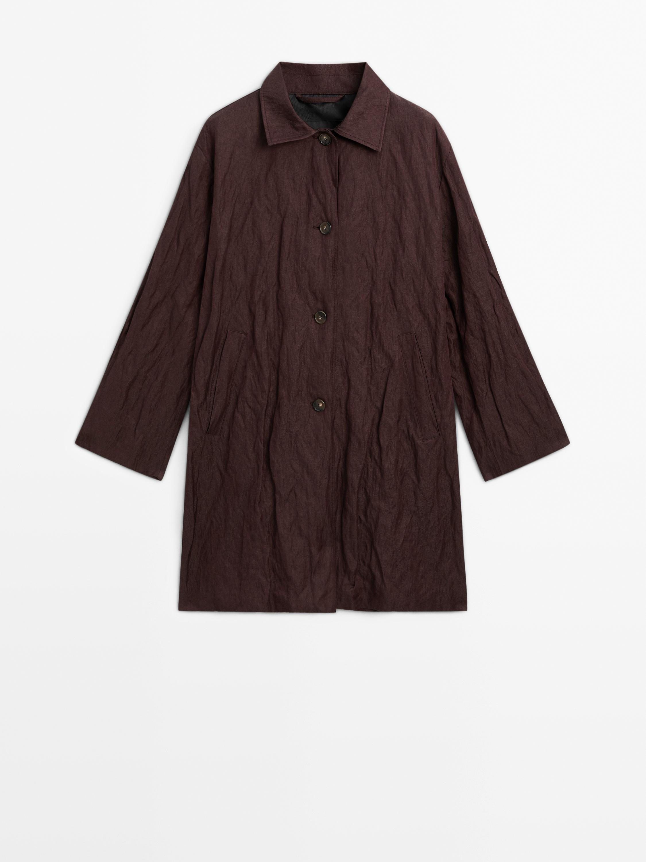 Burgundy trench coat in crinkle fabric