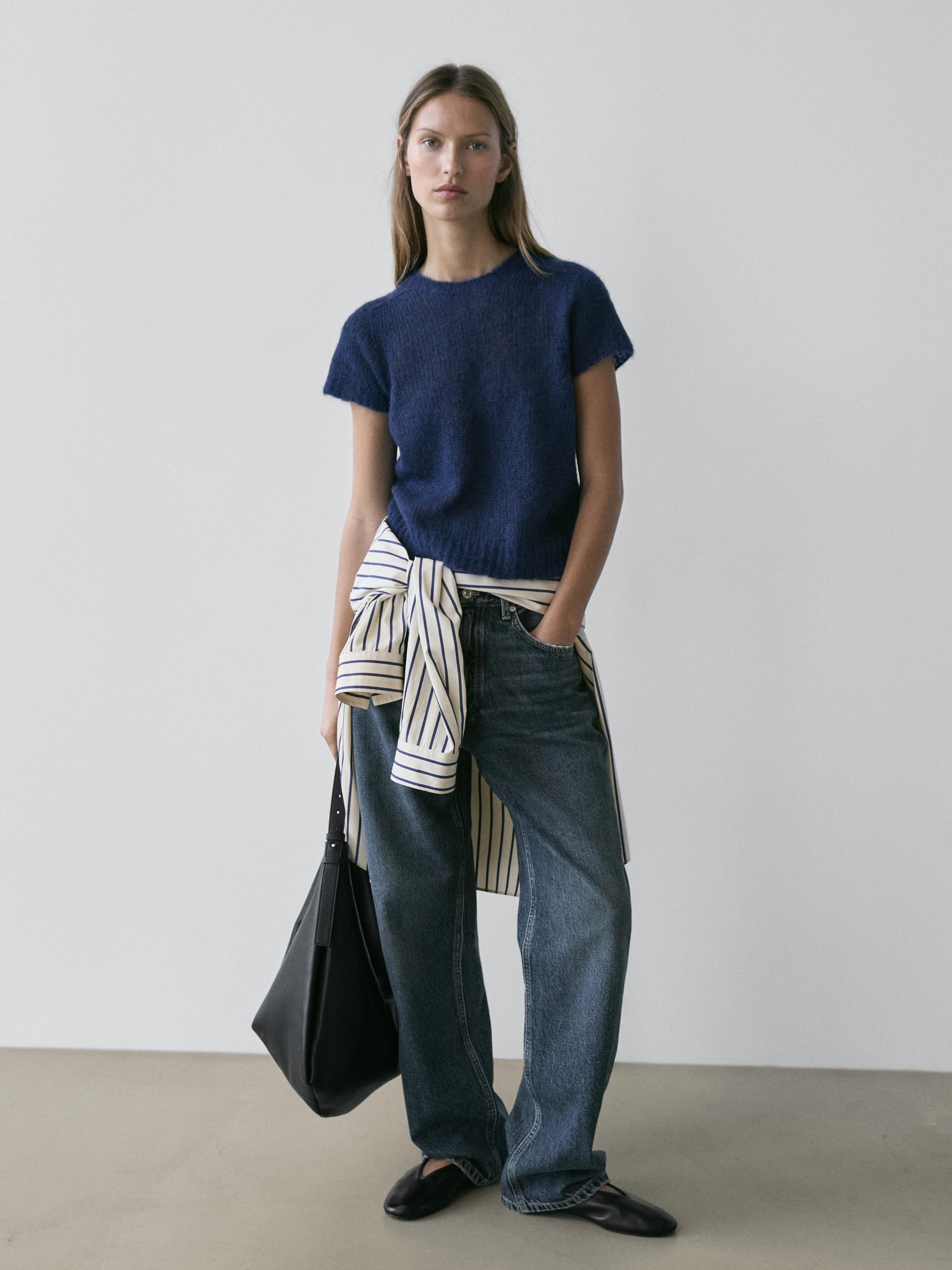Short sleeve knit alpaca blend sweater — Dark Blue