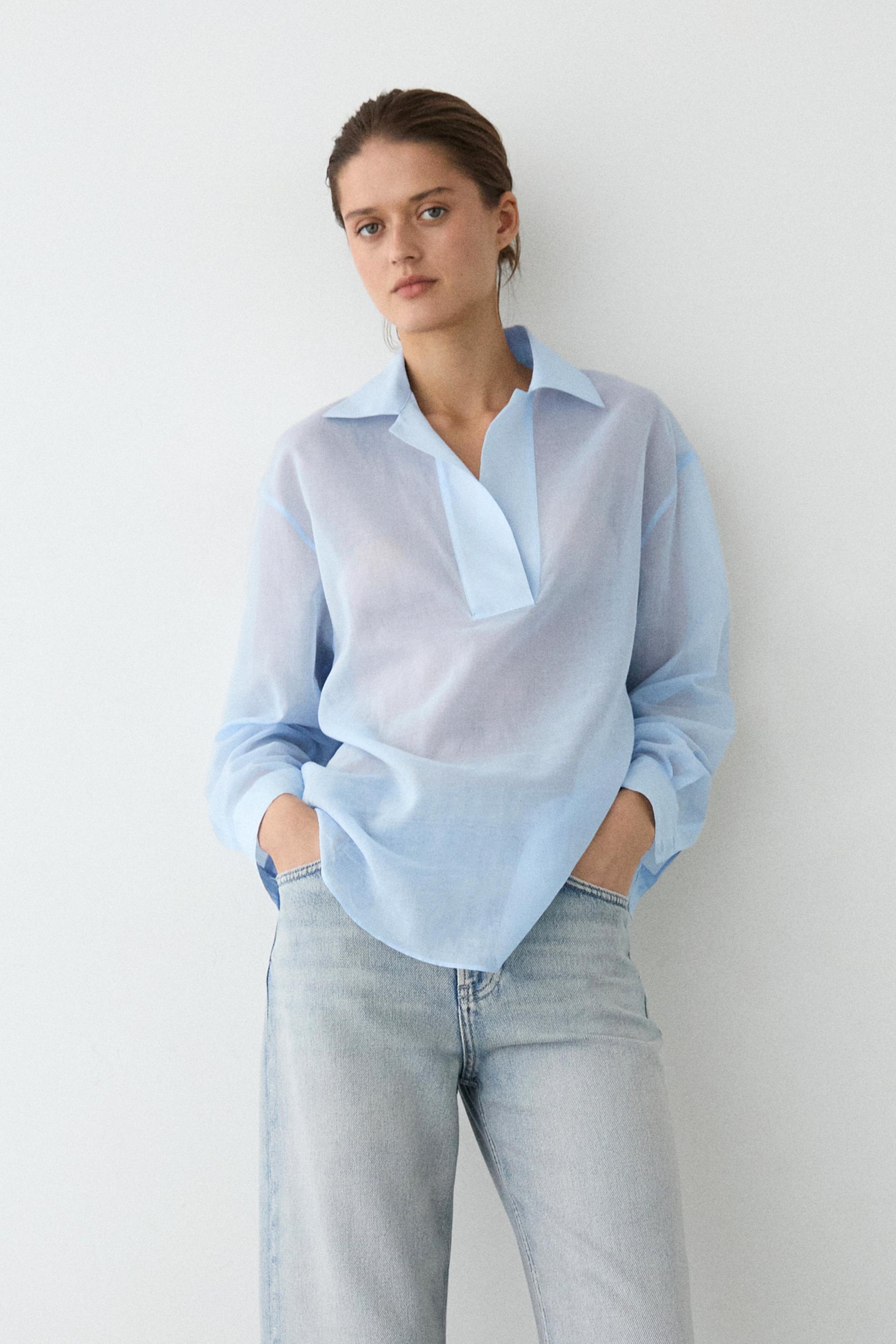 Flowing 100% cotton shirt with collar detail — SKY BLUE