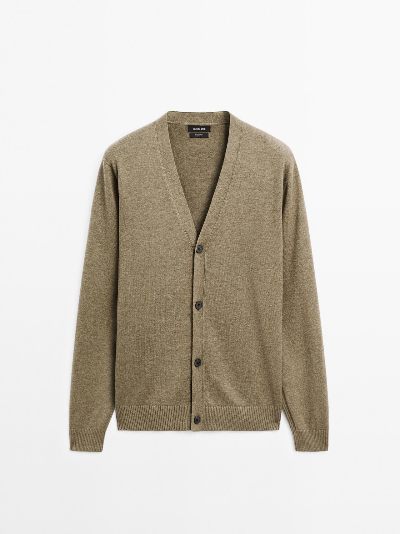 Massimo Dutti - Herre - Strikket Cardigan I 100 % Bomuld - Havgrøn - L